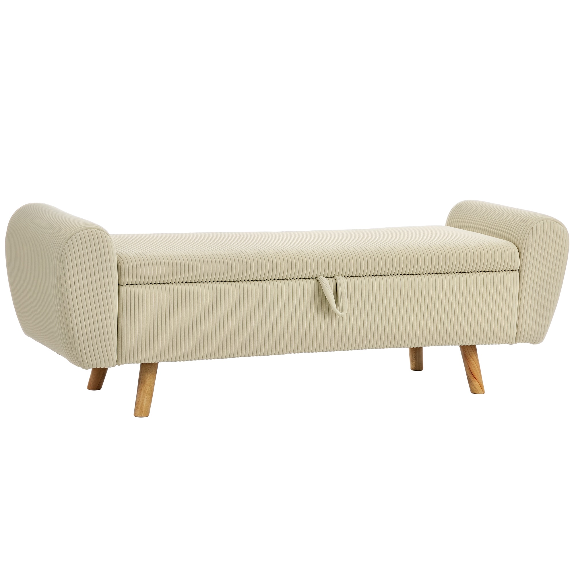 Säilytyspenkki, verhoiltu penkki samettikuviolla, puiset jalat ja rullatut käsinojat, beige