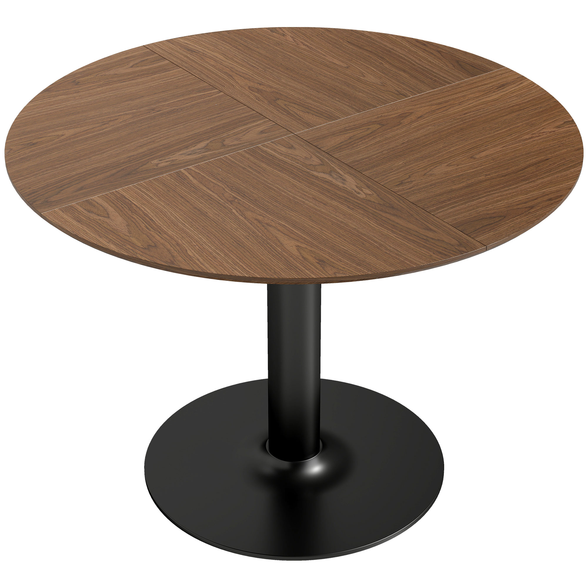 Pyöreä ruokapöytä kuudelle hengelle, 110 cm. Moderni keittiönpöytä jalustalla olohuoneeseen, ruskea puunsyykuvio.