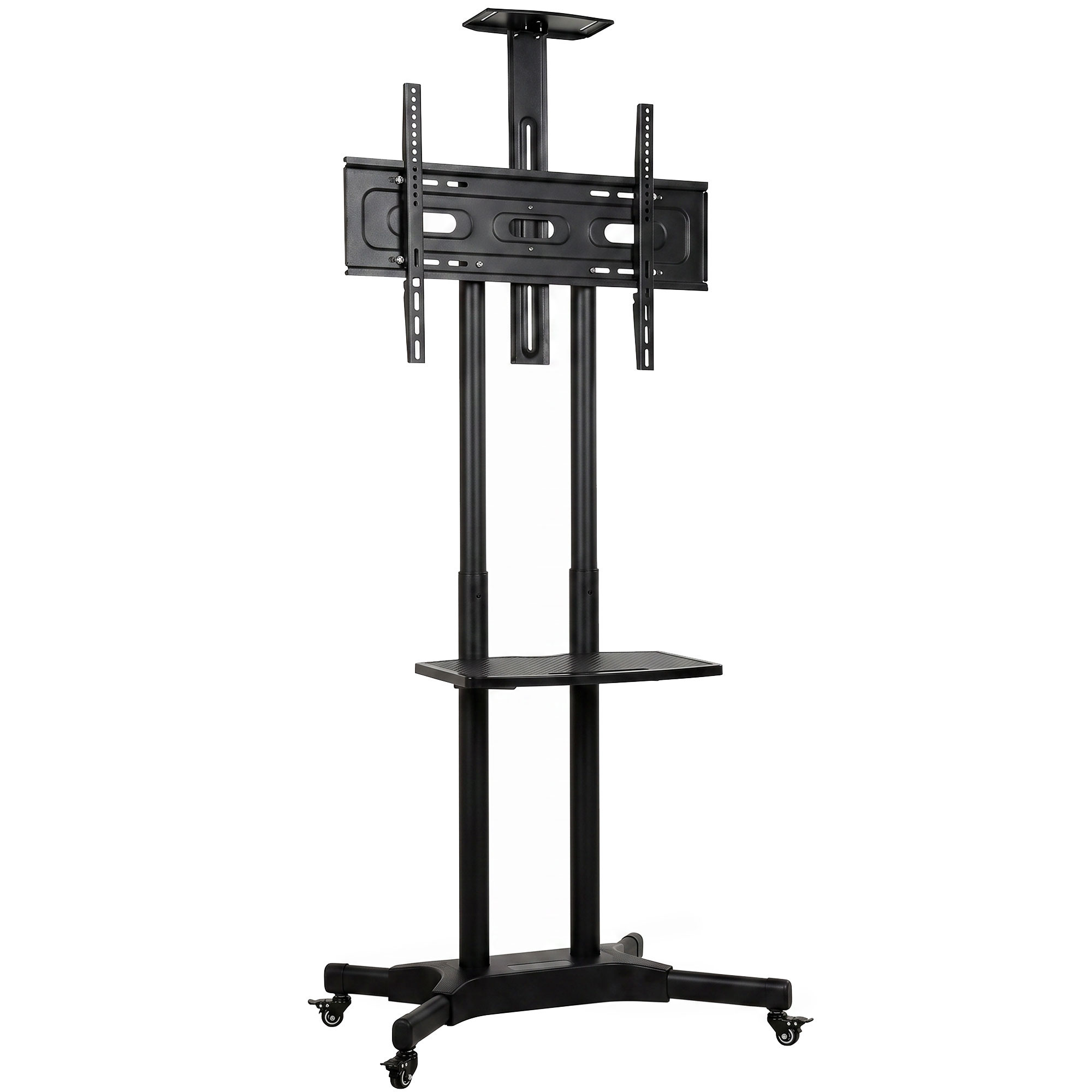 Rullattava TV-taso 32-75 tuuman televisioille, korkeussäädettävä TV-taso kahdella hyllyllä, metallia, maks. VESA 400x600 mm
