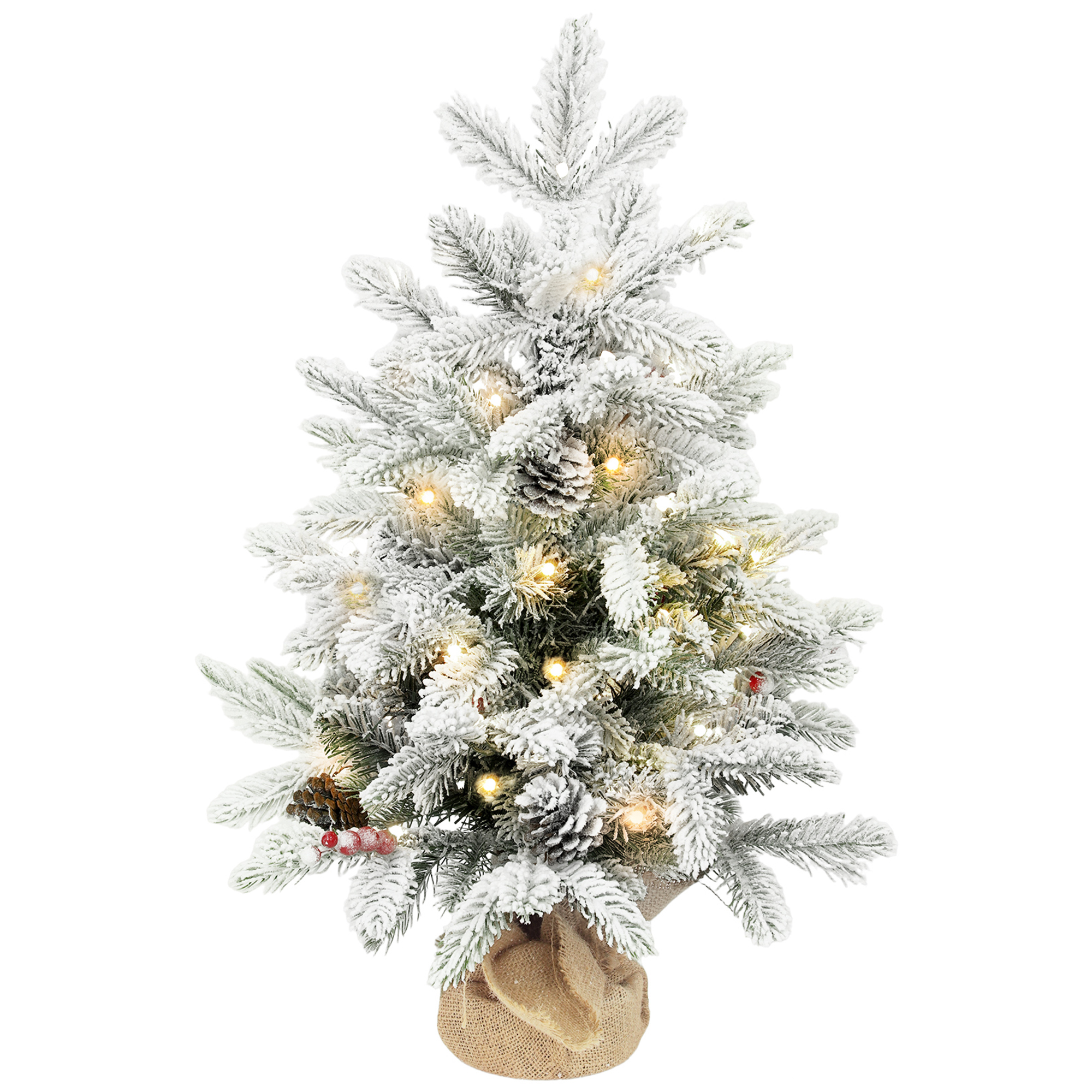 Minikokoinen 60 cm joulukuusi 35 LED-valolla, lumiefekti, minikokoinen pöytäkuusi käpyillä, keinotekoinen joulukuusi joulukoristeeseen, valkoinen