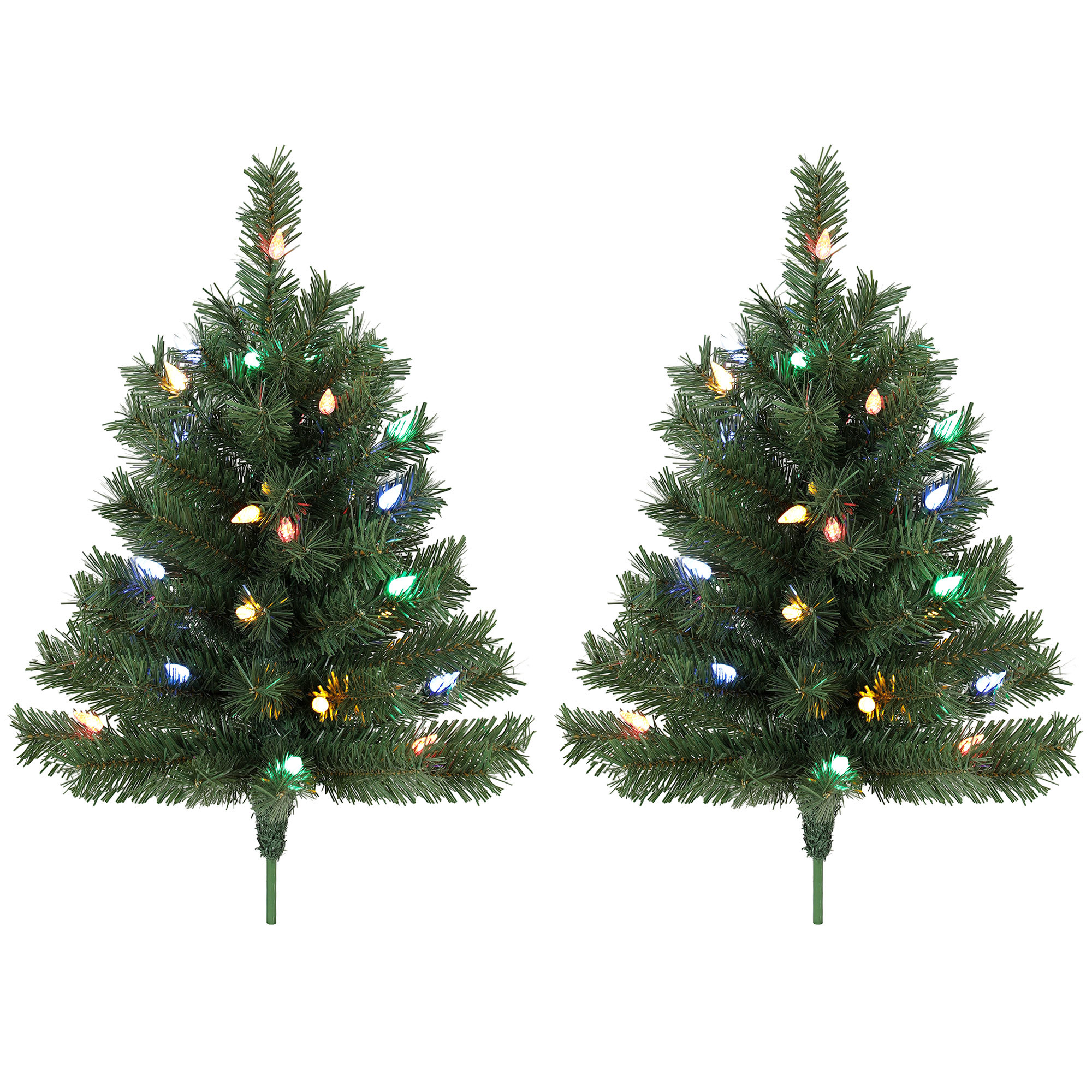 Valaistu joulukuusi 60 cm, 2 kpl setti, keinotekoinen, 60 värikkäällä LED-valolla, 130 oksanpäätä, vihreä