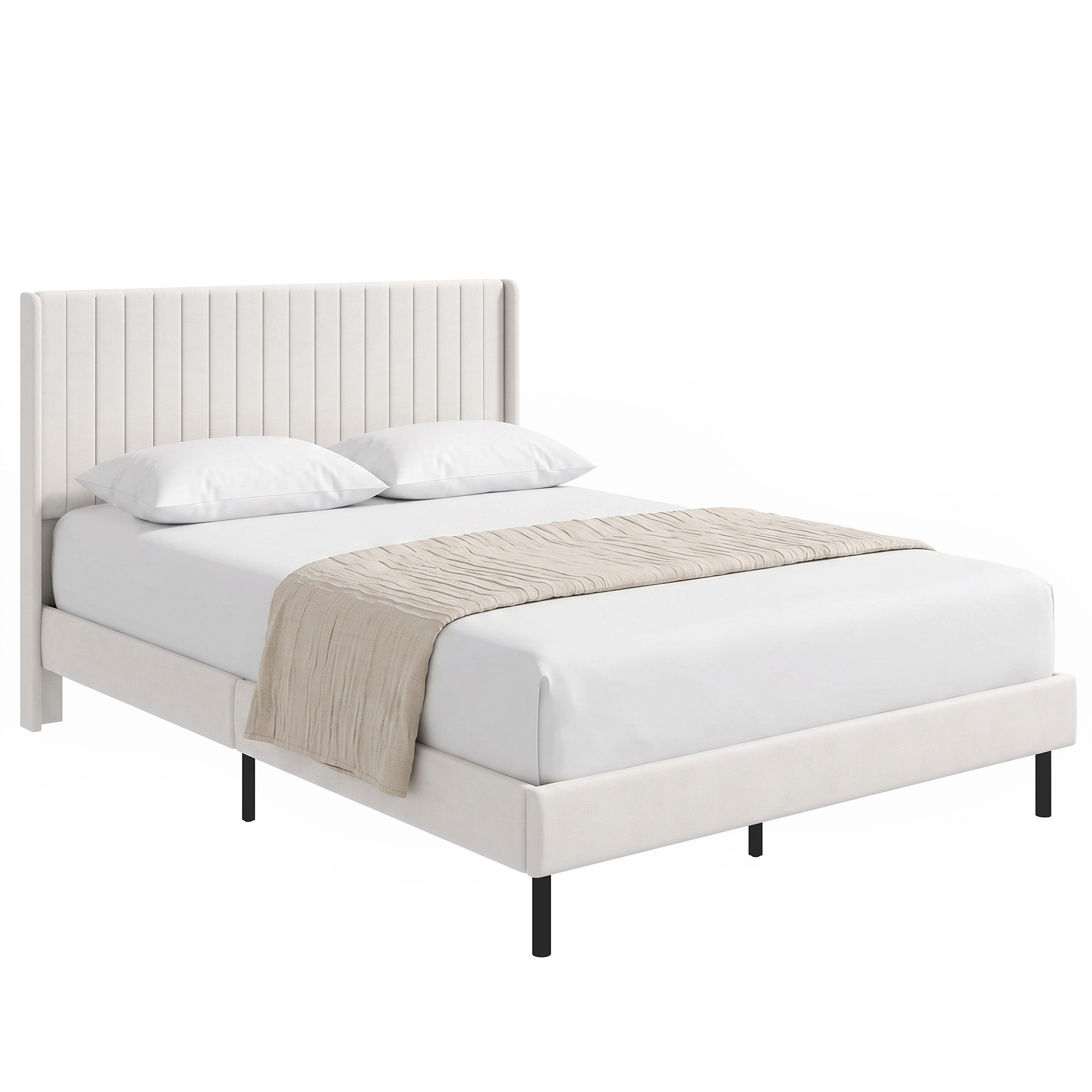 Sängynrunko 140 x 200 cm säädettävällä sängynpäädyllä, verhoiltu sänky 12 säleellä, beige
