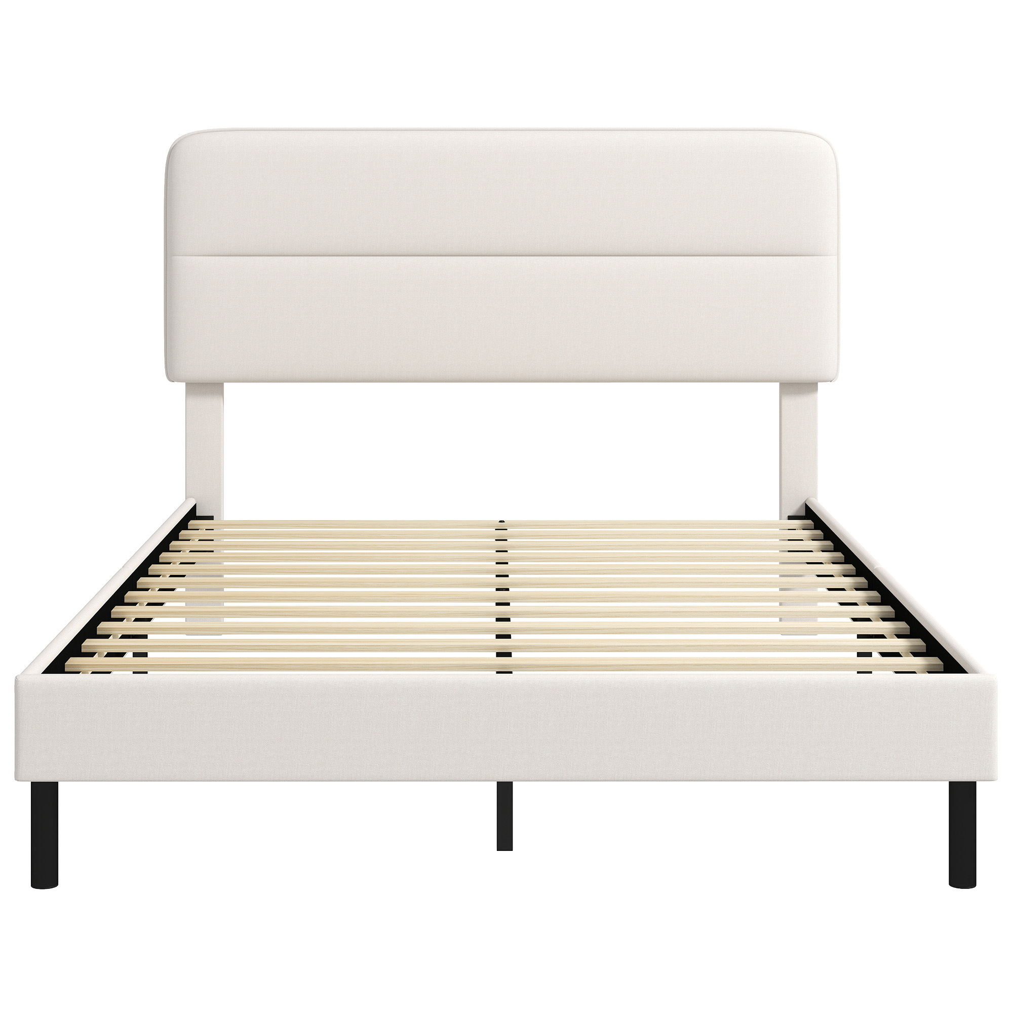 Sängynrunko 140 x 200 cm säädettävällä sängynpäädyllä, pellavajäljitelmäinen verhoiltu sänky 12 vanerisäleellä, beige