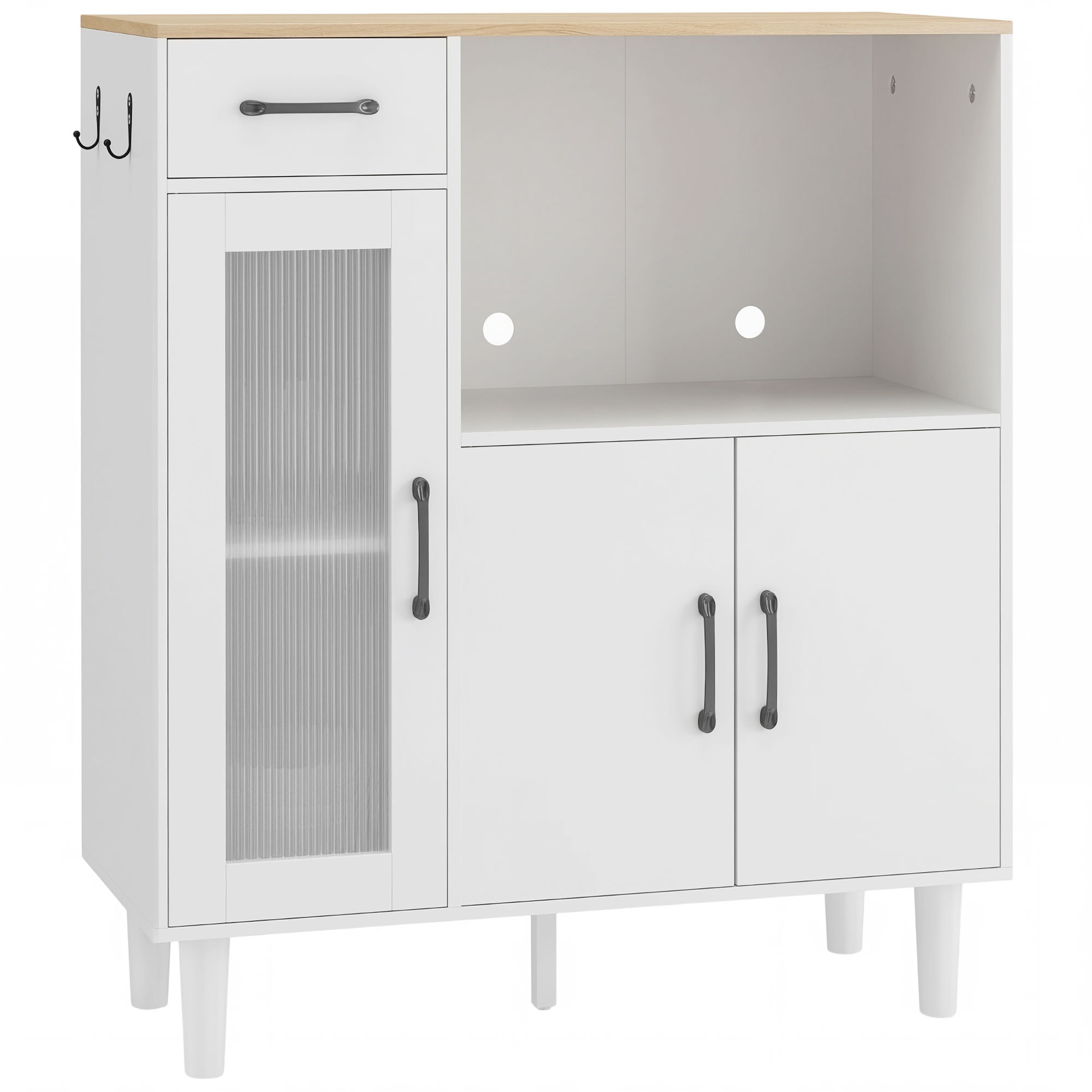 Senkkikeittiökaappi laatikolla, 2 kaappia, avoin lokero, uritettu akryylilasiovi 80 x 34 x 91 cm Valkoinen+tammi