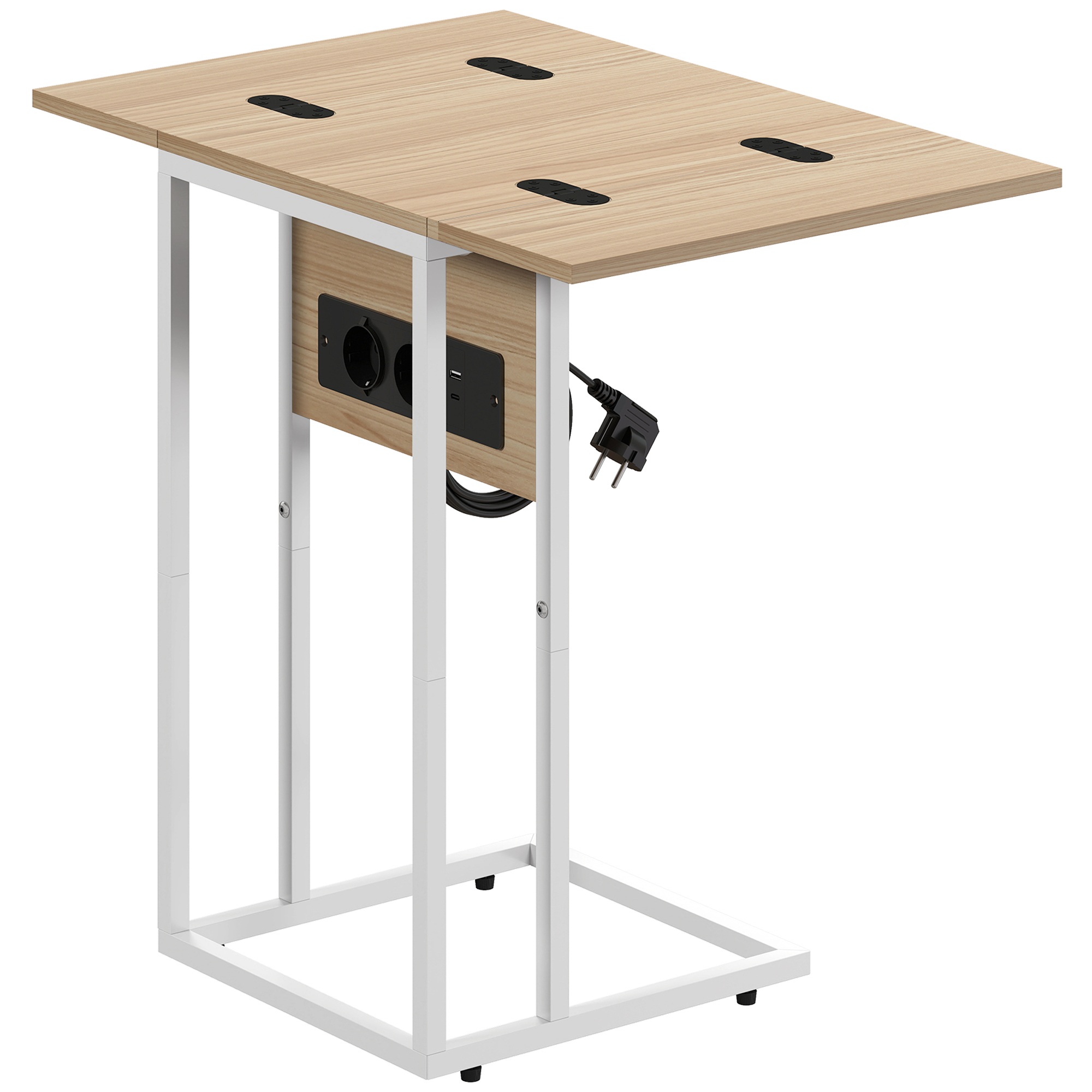 Taittuva sivupöytä, latausasema USB-porteilla, metalli, 39 x 29 x 57 cm, puunvärinen