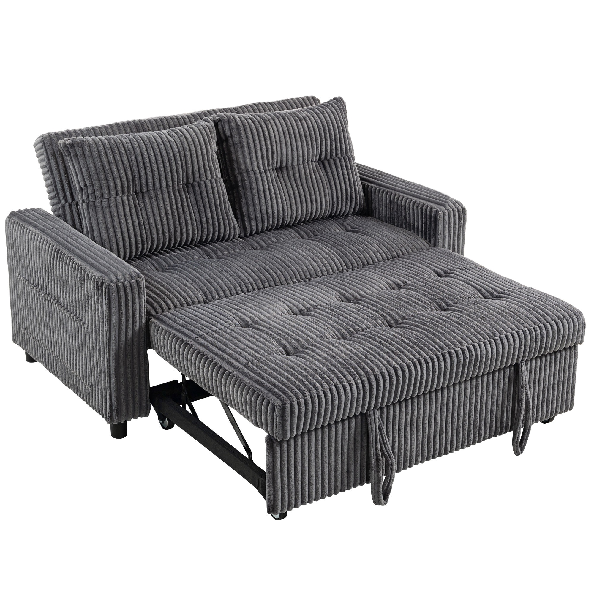 2-istuttava vuodesohva, samettipäällinen, muunneltavissa vuodesohvaksi, 2 tyynyä, sivutaskut, 157 x 190 cm, tummanharmaa