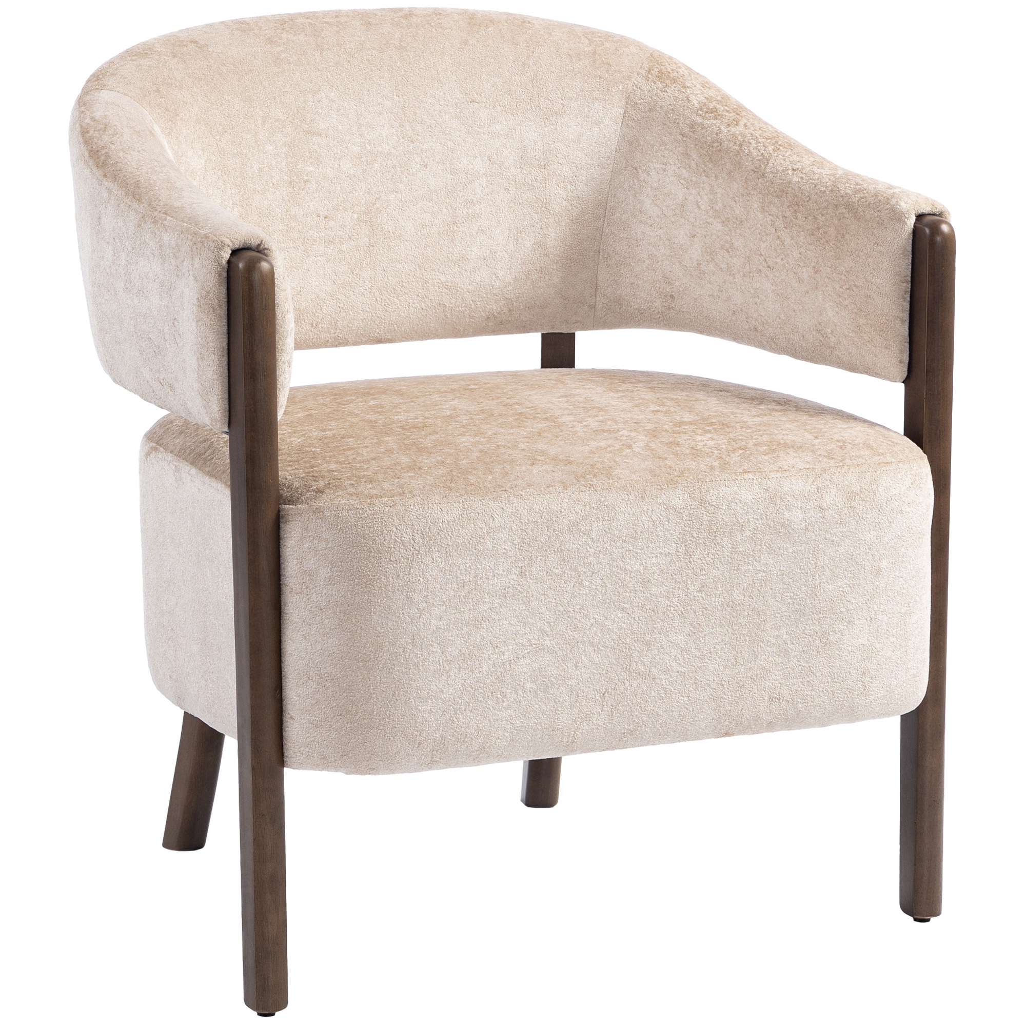 Korostustuoli, chenilleverhoiltu nojatuoli massiivipuurunko ja -jalat, beige
