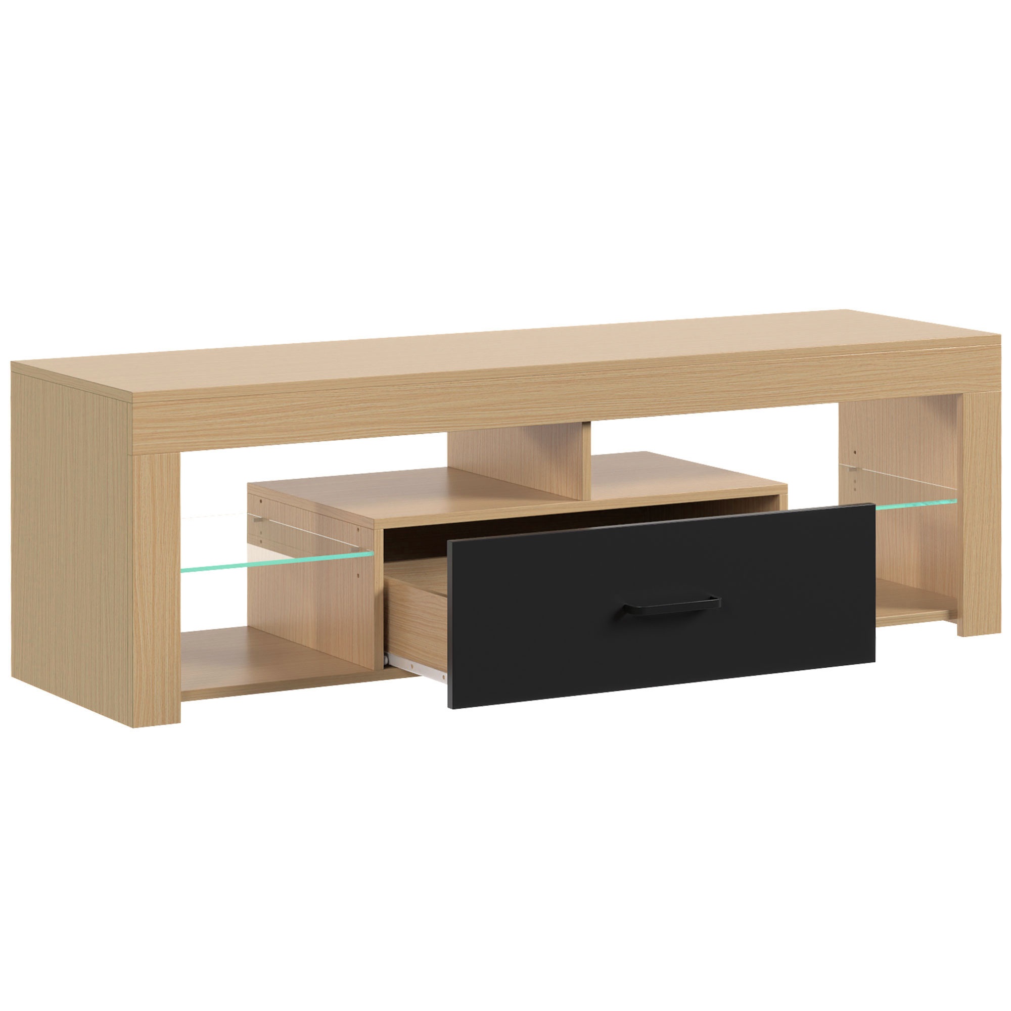 TV-taso televisioille jopa 165 cm, moderni TV-taso säädettävillä lasihyllyillä, tammi
