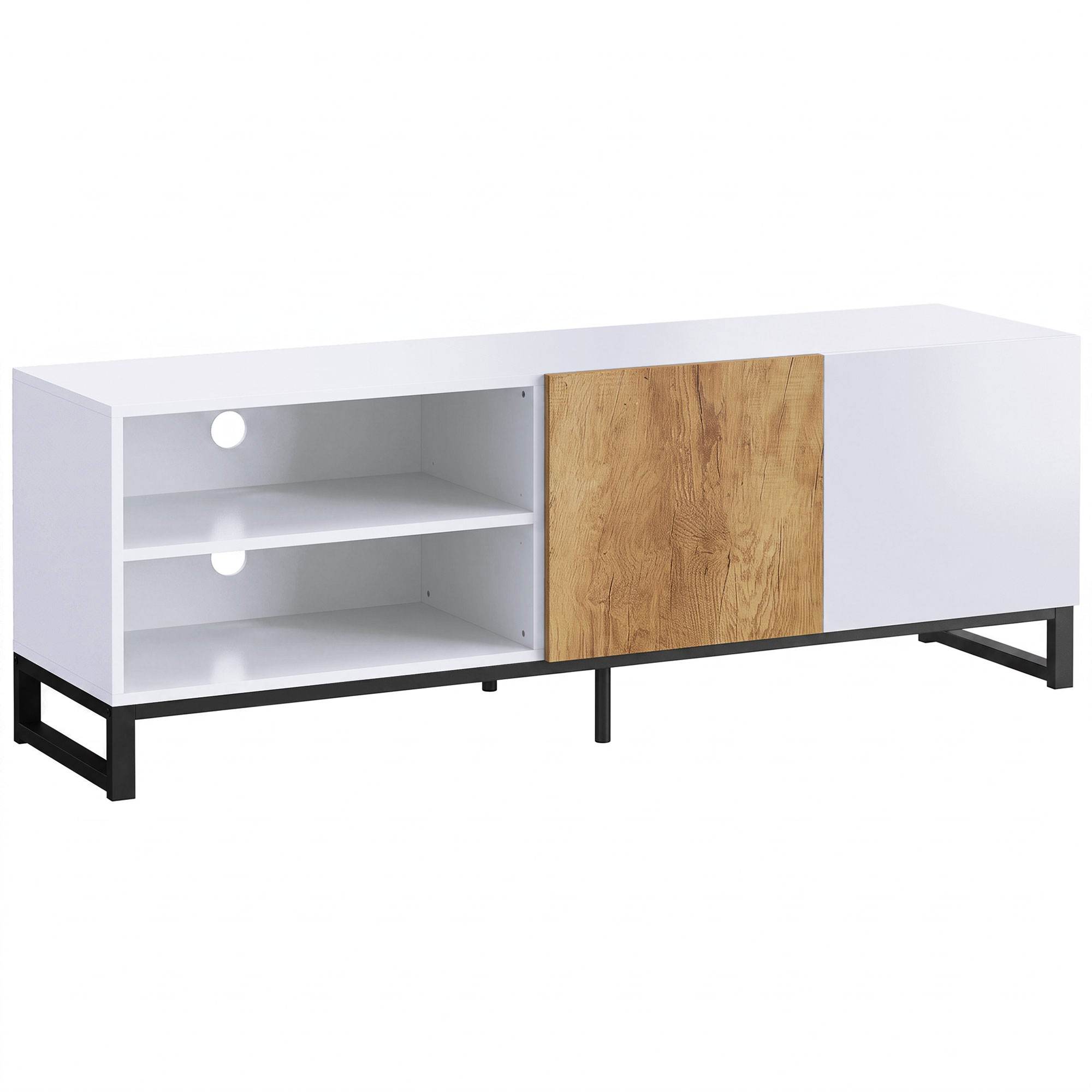 TV-taso jopa 140 cm televisioille, moderni TV-taso säädettävillä hyllyillä, valkoinen