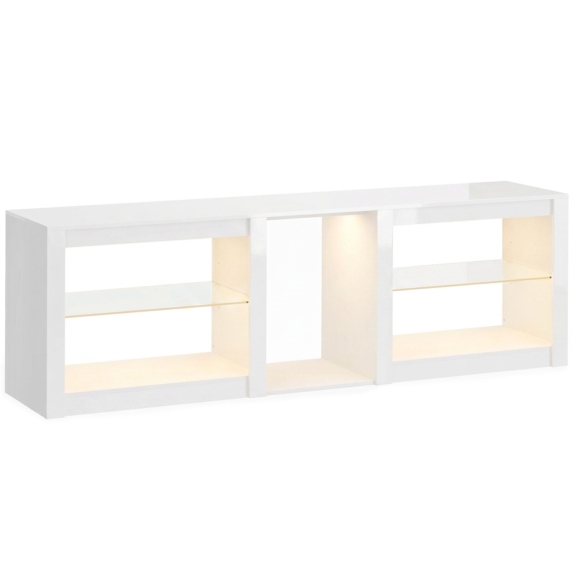 TV-taso RGB LED -valaistuksella, moderni TV-kaluste säädettävillä lasihyllyillä, televisioille jopa 190 cm, valkoinen