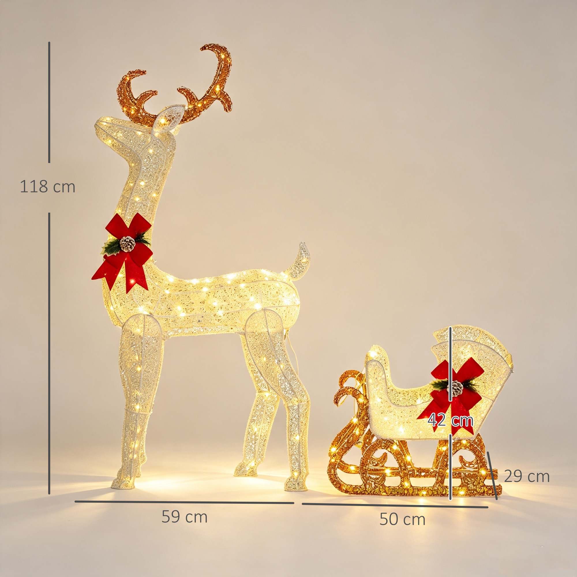 LED-joulukoriste, valaistu poro ja reki, 170 valoa, 50 x 29 x 42 cm