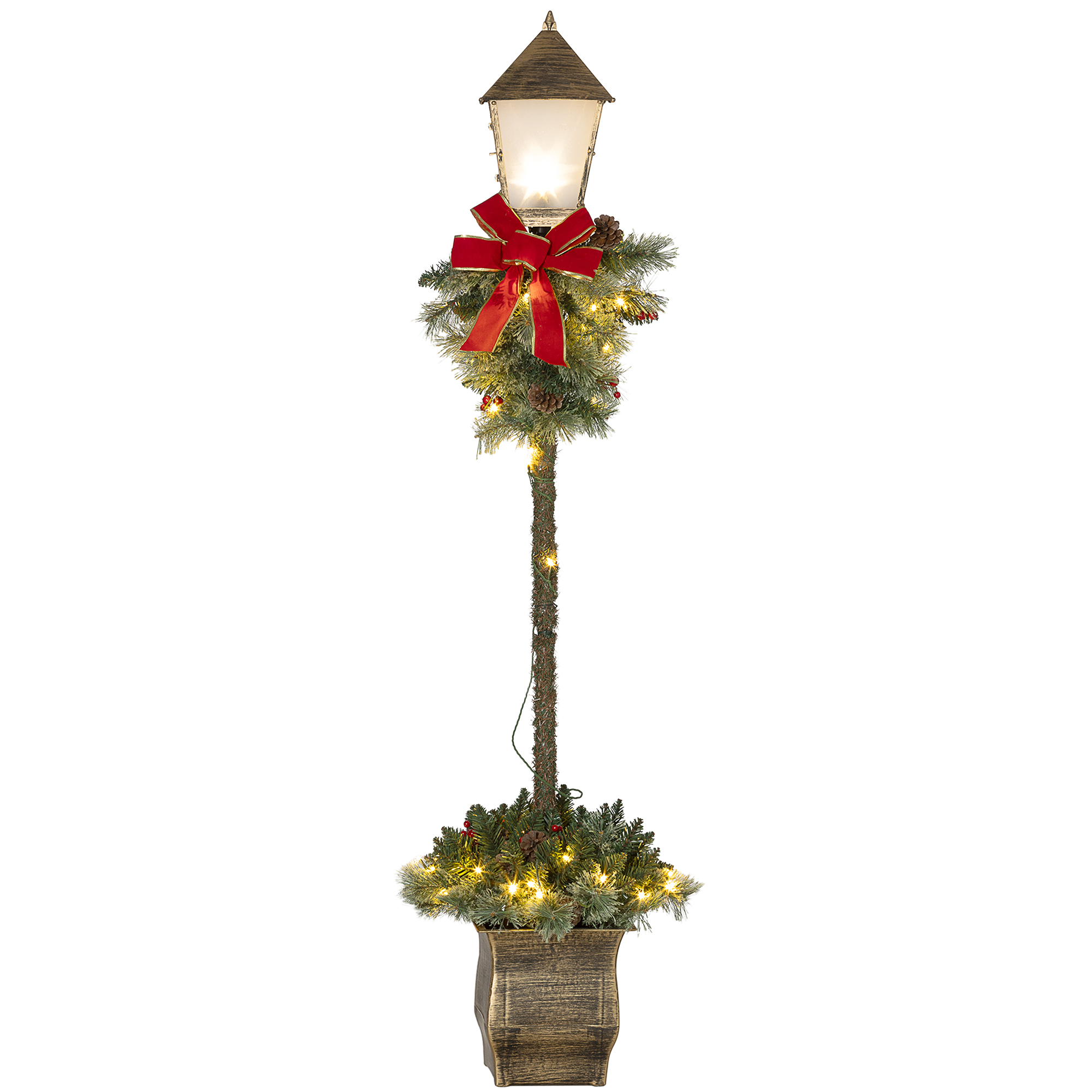 Joululyhty marjoilla, käpyillä ja rusetilla, LED-valot, metallitanko, 150 cm