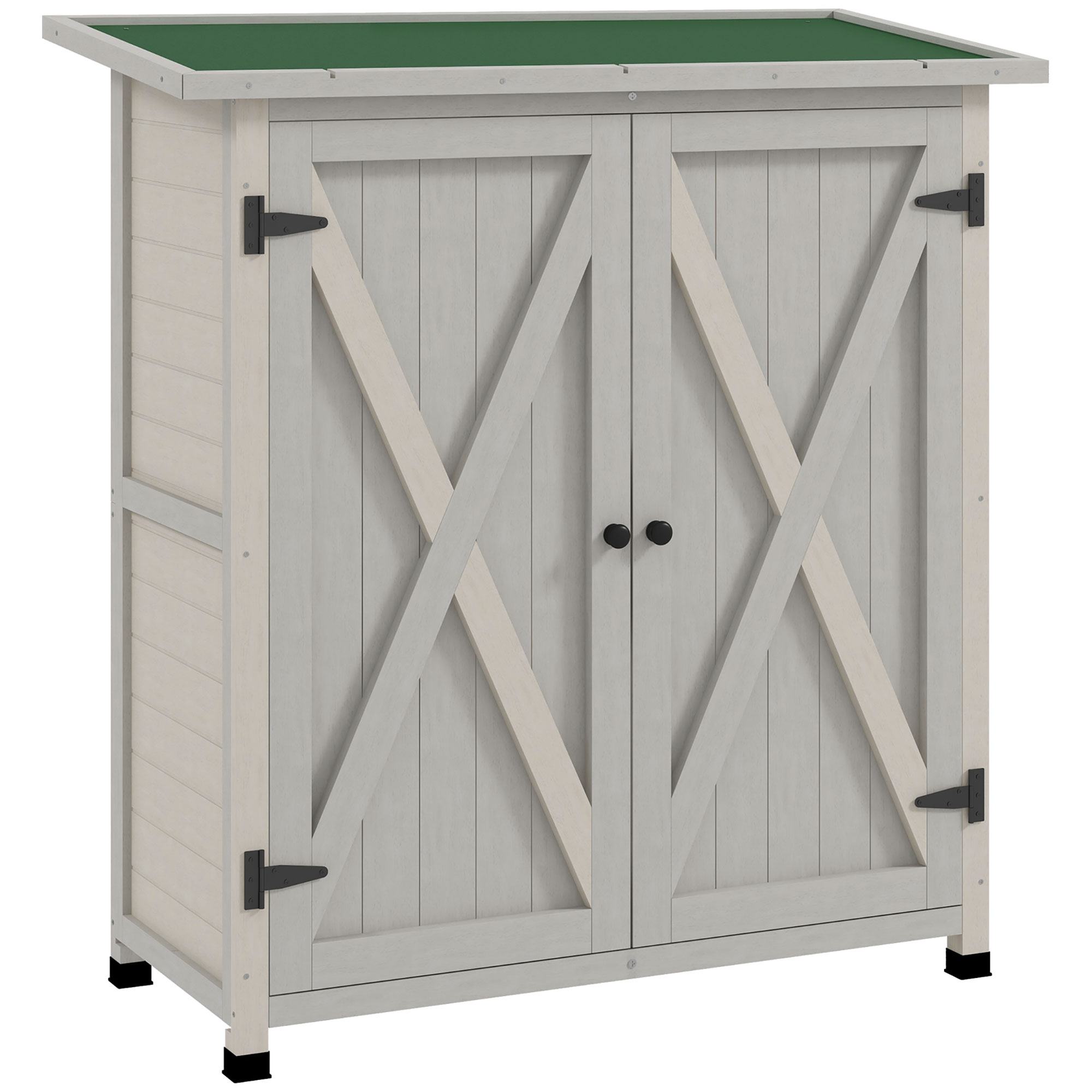 Puinen työkaluvaja kahdella ovella, puutarhavaja asfalttikatolla, 110 × 55 × 117 cm, vaaleanharmaa