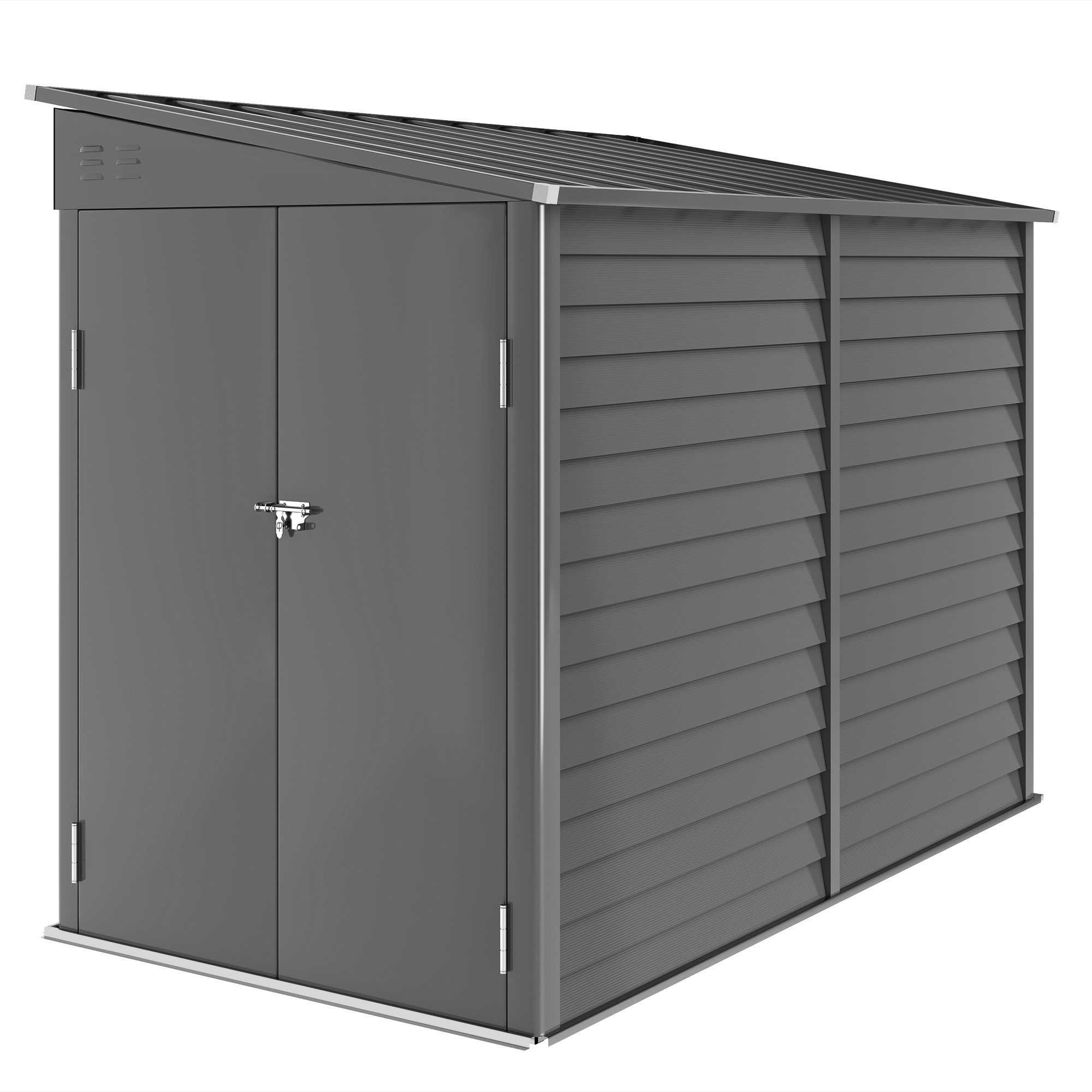 Metallinen puutarhavaja 3,5 m² 143 x 270 x 202 cm Työkaluvaja pengerkatolla Lukittava pariovella, perustuksilla, tuuletusaukoilla