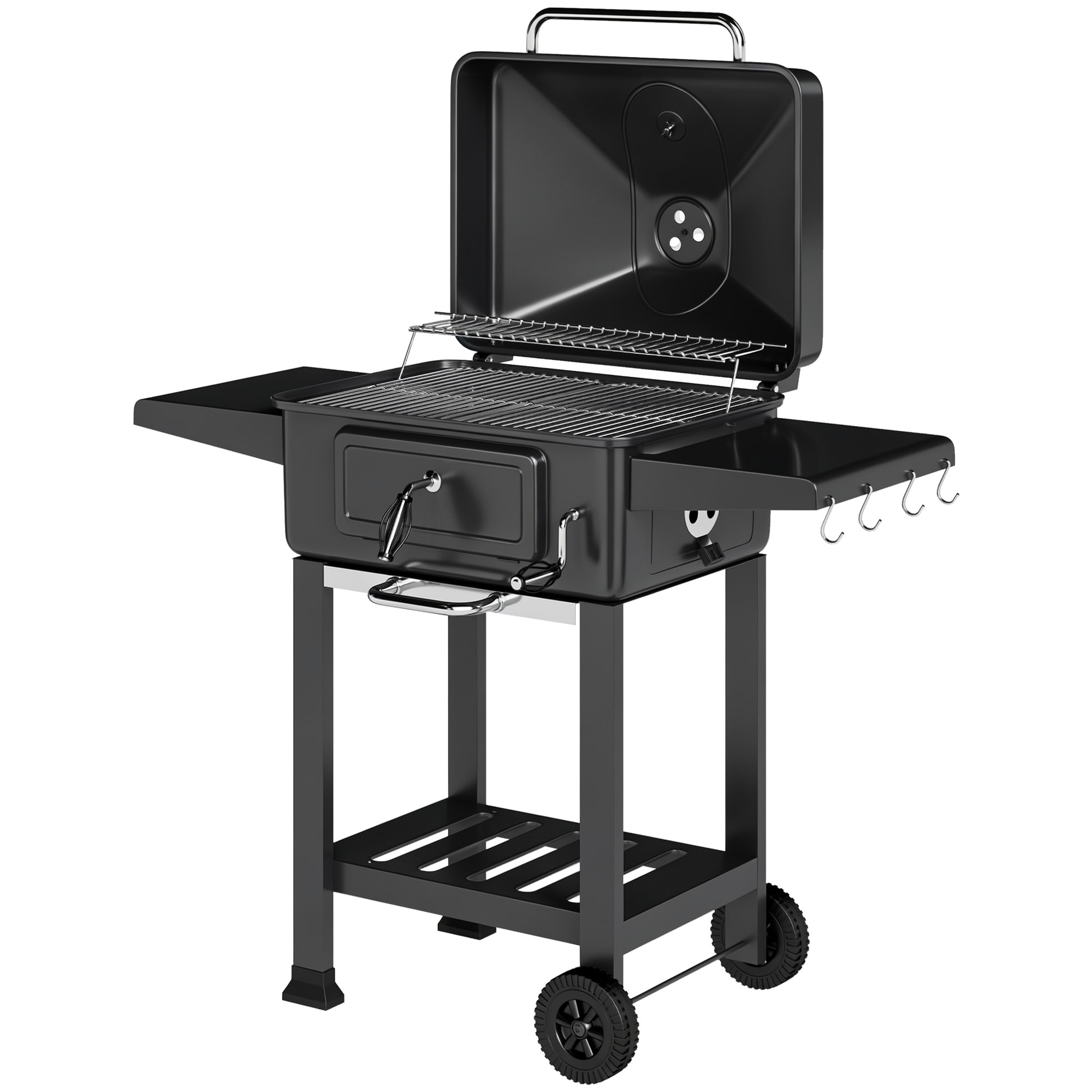 Hiiligrilli BBQ-savustin kannella, lämpömittarilla, korkeussäädettävällä korkeudella, hiilipannulla, grilliritilällä, sivupöydällä, tuhkalaatikolla