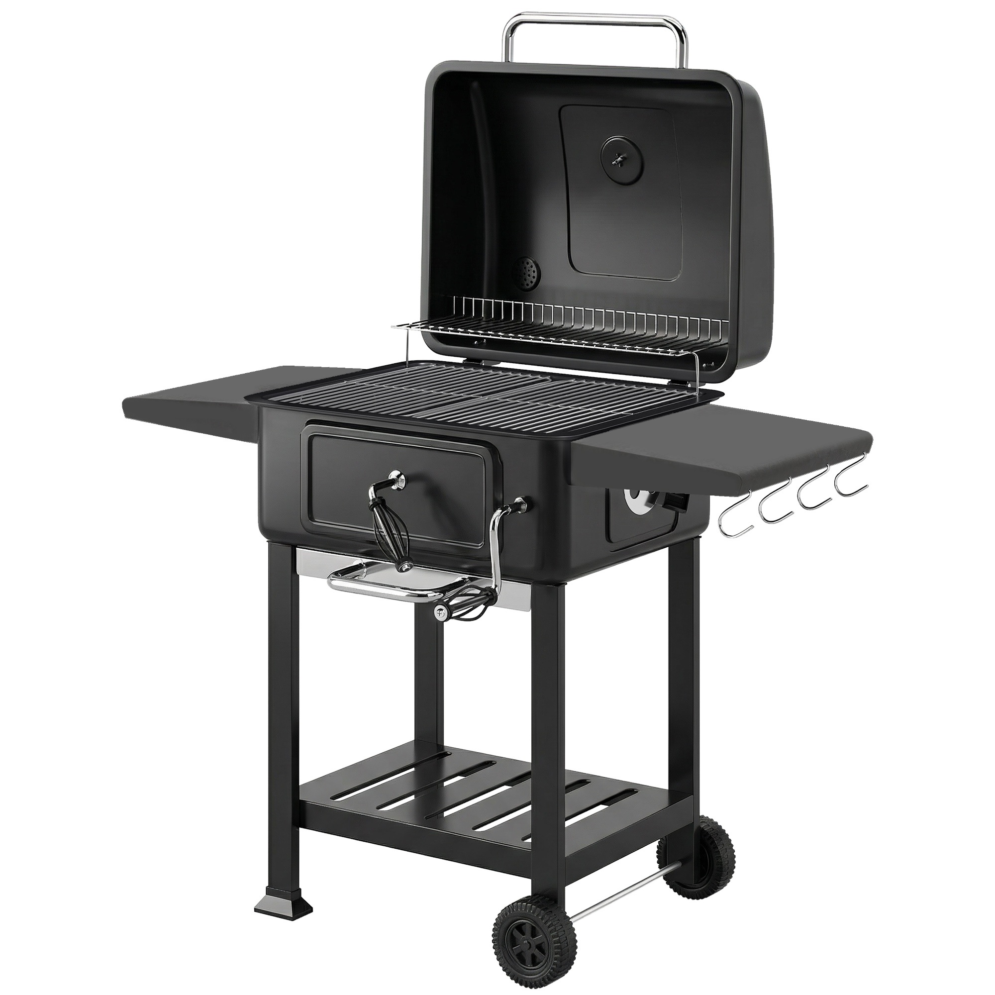 Hiiligrilli BBQ-savustin kannella, lämpömittarilla, korkeussäädettävällä hiilipannulla, savupiipulla, grilliritilällä, sivupöydällä, tuhkapannulla