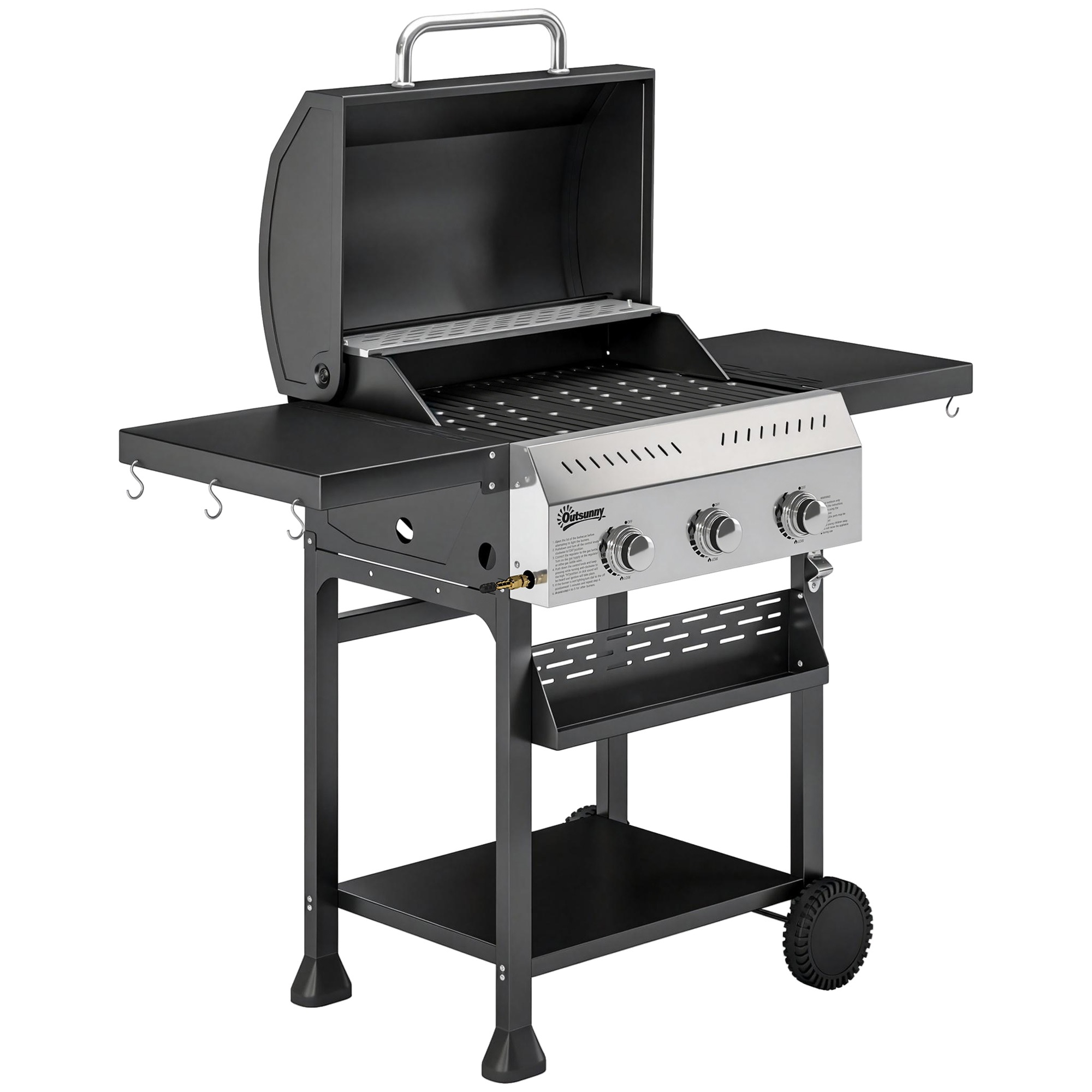 Kaasugrilli 9 kW 3-polttimella BBQ-grillikärry ruostumatonta terästä, sis. taitettavan sivupöydän, maustetelineen, alahyllyn, 6 koukkua
