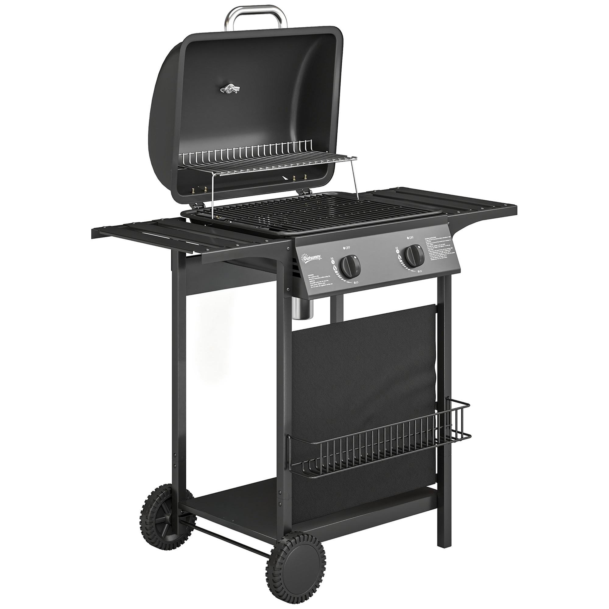 Kaasugrilli 5 KW 2 poltinta BBQ-grillikärry ruostumatonta terästä sis. sivupöydän, alakorin, etukannen, lämpömittarin, emaligrillin