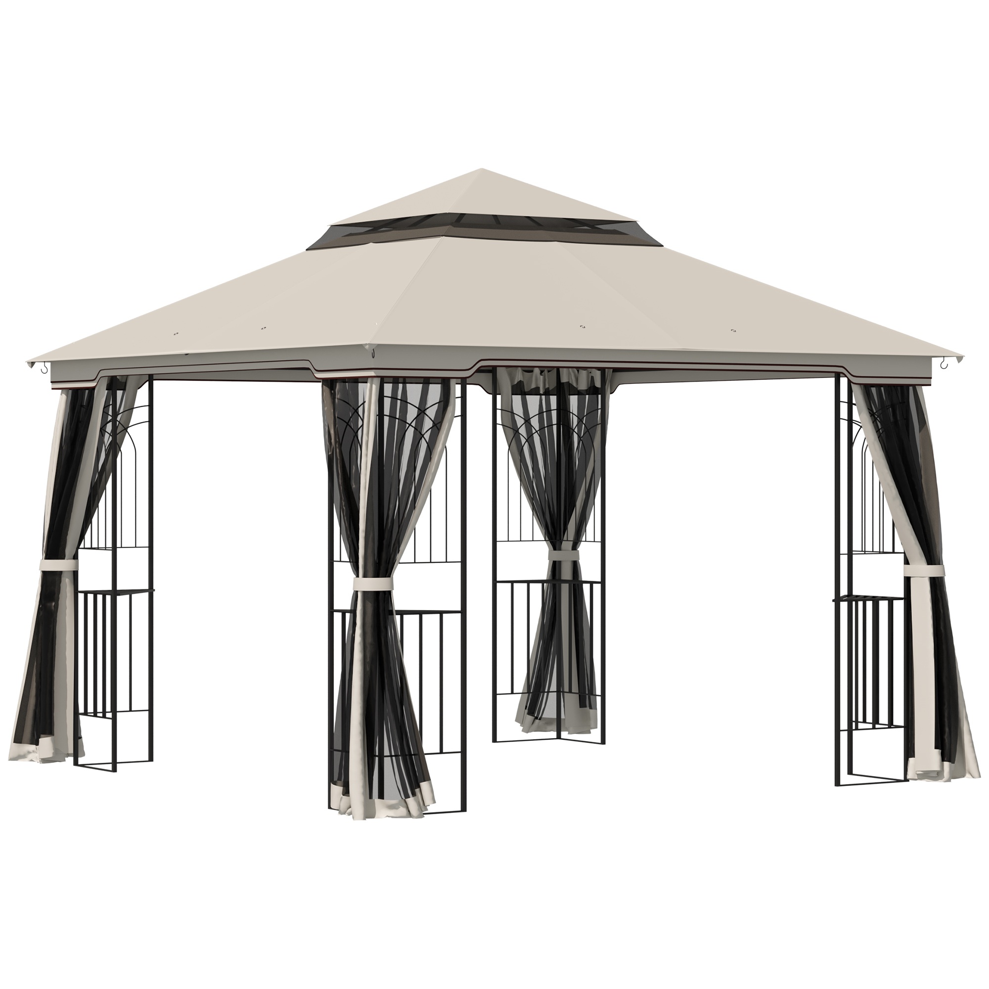 Puutarhapaviljonki kaksoiskatolla, huvimaja, puutarhateltta, juhlateltta, juhlateltta neljällä sivuseinällä, metallia ja polyesteriä, beige, 2,99 x 2,99 x 2,74 m