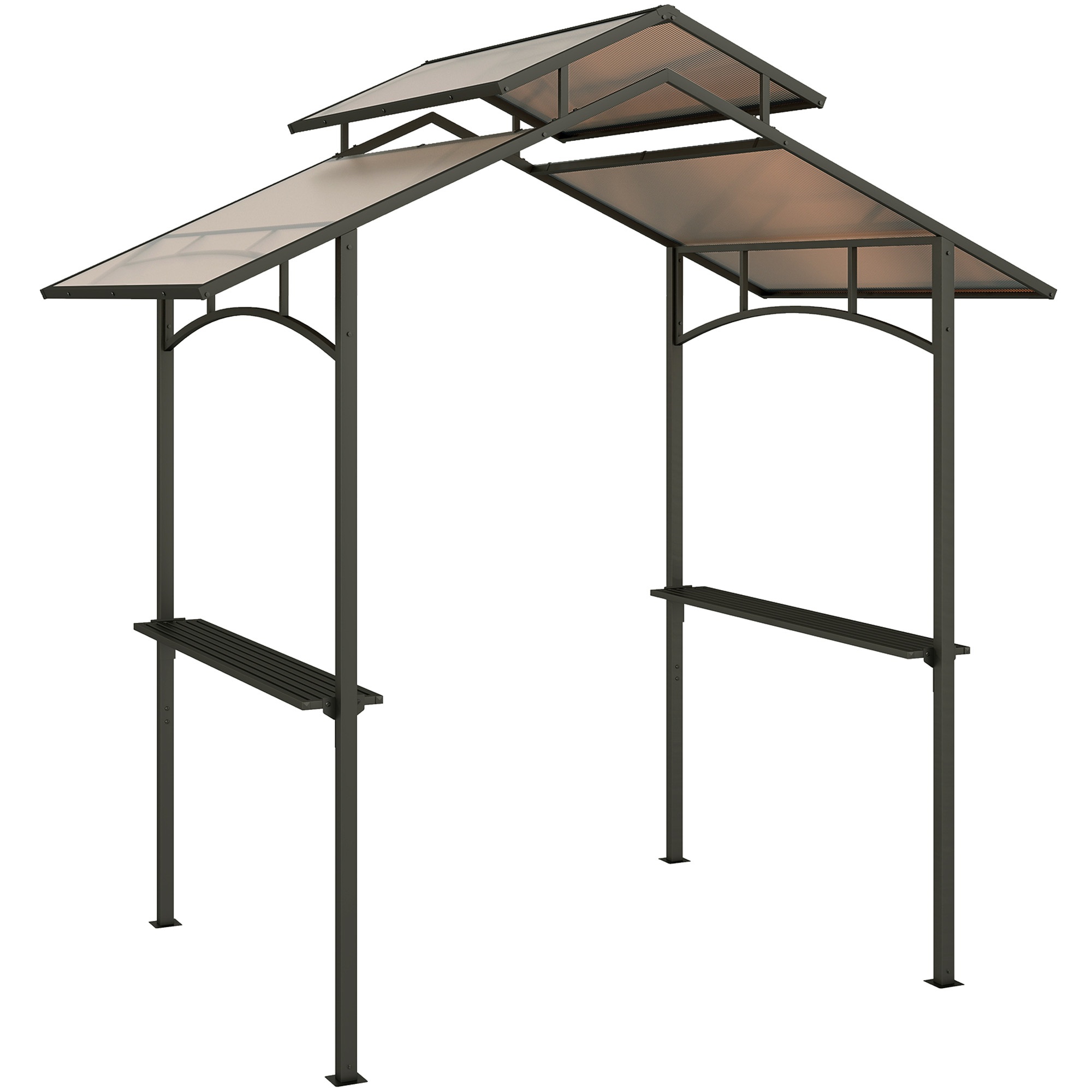 Grillipaviljonki palonkestävällä katolla, BBQ-paviljonki kahdella hyllyllä, 2,5 x 1,5 m, teräs PC, musta+ruskea