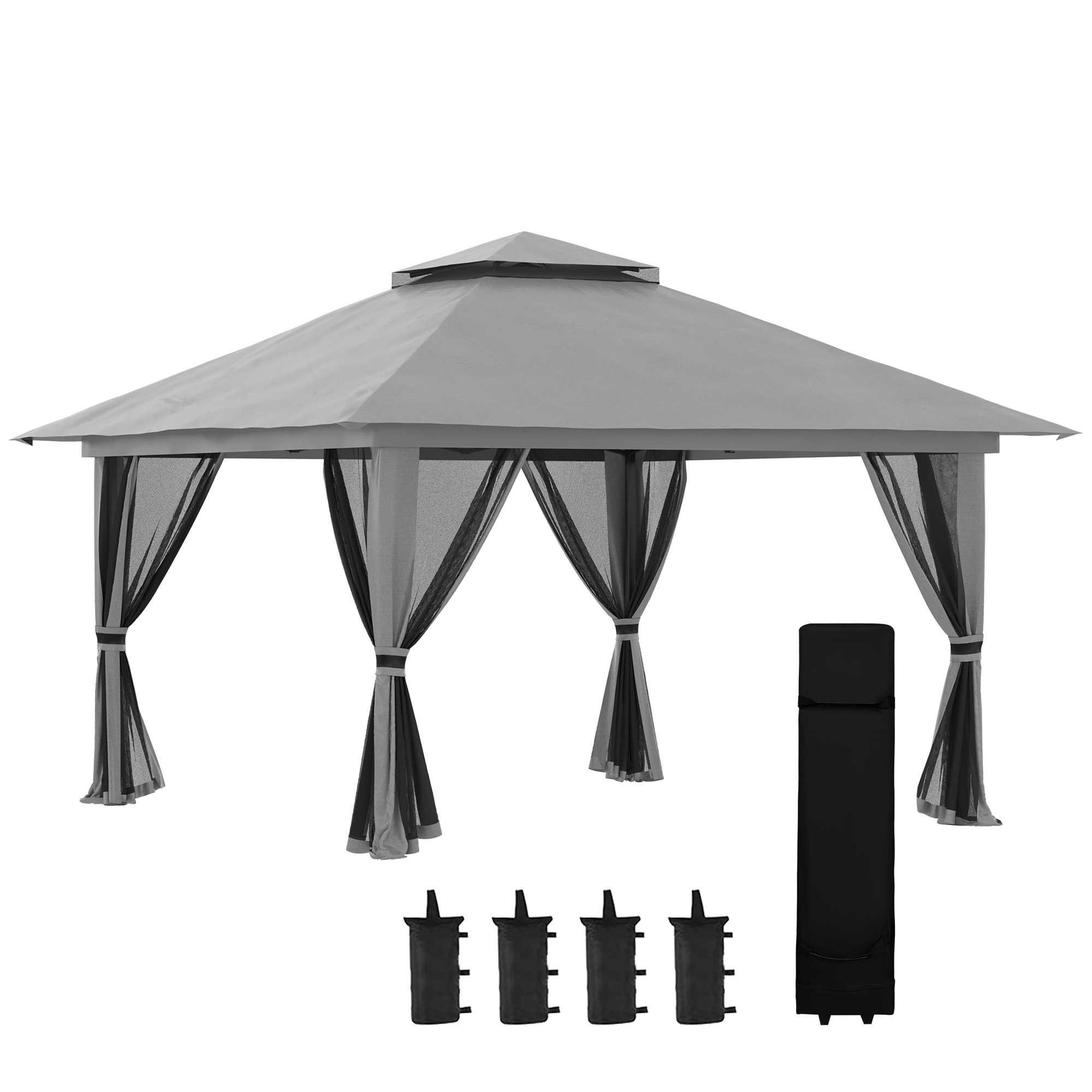 Kokoontaitettava paviljonki, korkeussäädettävä, 4 verkkoseinää, tuulettuva katto, kantolaukku, nopea koottava, tummanharmaa, 4 x 4 x 3 m