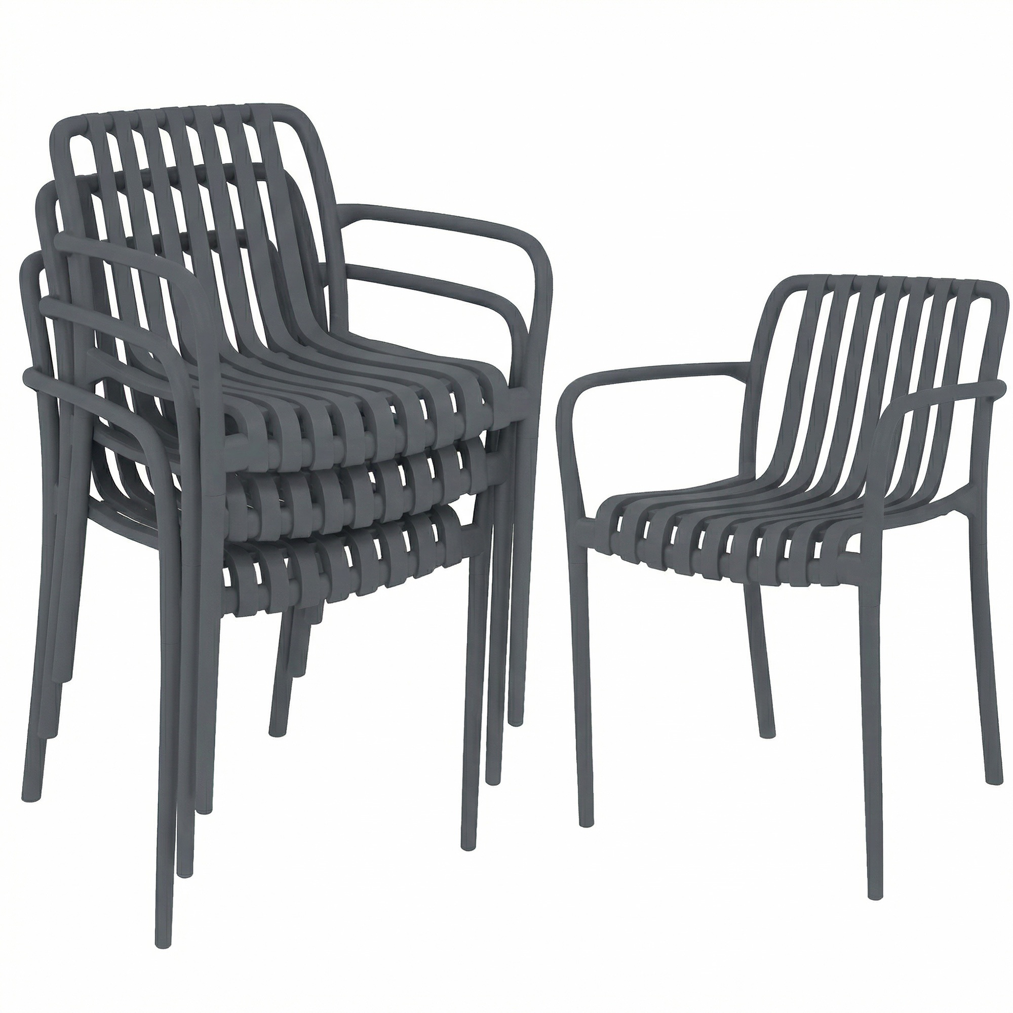 4 pinottavan puutarhatuolin setti, sälepohjaiset käsinojat, ergonominen, tummanharmaa