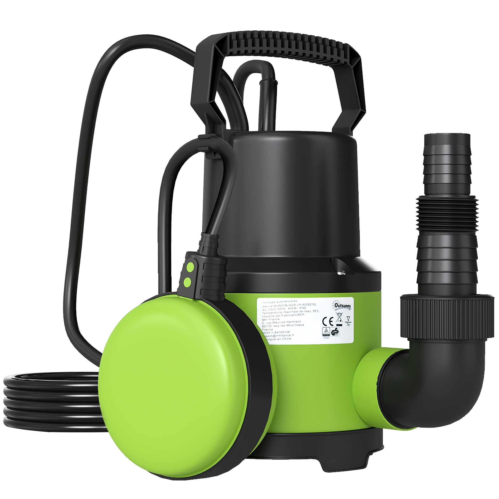 Uppopumppu, lampipumppu, vesipumppu kellukkeella, suihkulähdepumppu, 400 W, 9000 l/h, 16 x 14 x 27 cm, vihreä