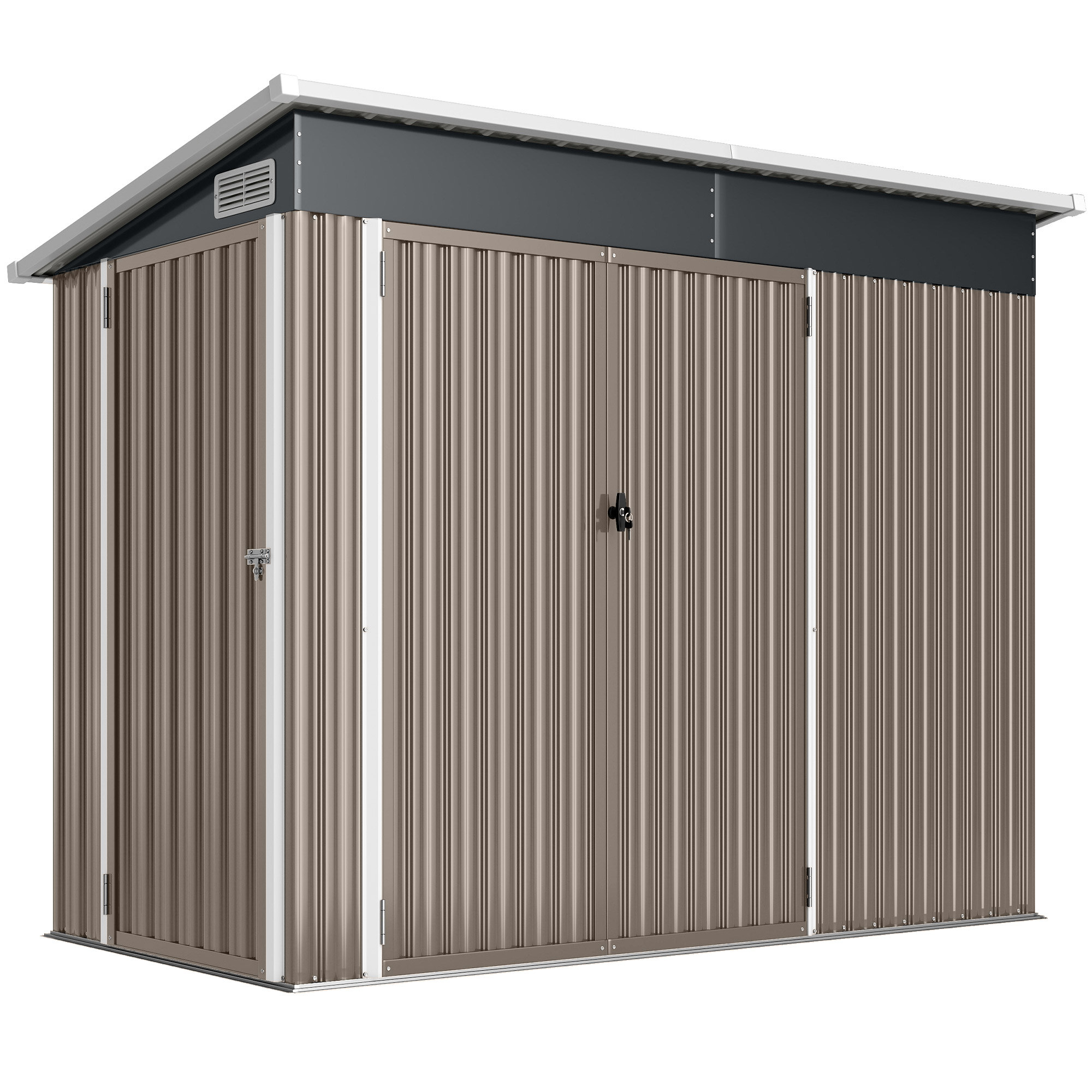 Metallinen puutarhavaja 2,68 m², lukittava, työkaluvaja kolmella ovella, tuuletus, pengerkatto, käsineet