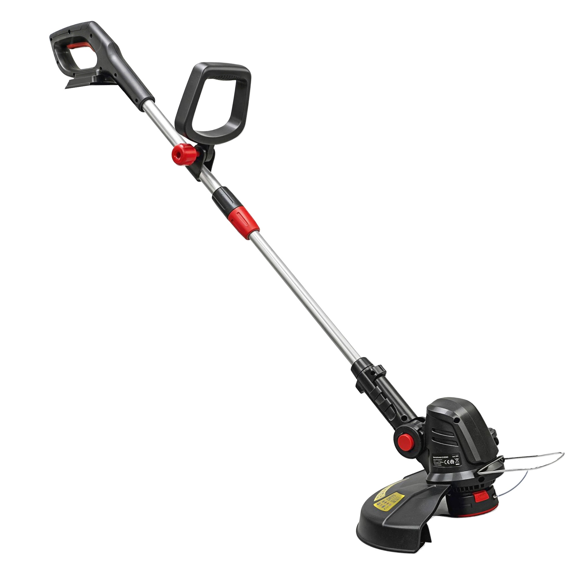 Akkukäyttöinen nurmikonleikkuri/raivausleikkuri, jossa 30 cm leikkuuleveys, säädettävä kahva, kallistettava moottoripää puutarhaan ja pihalle, hopea