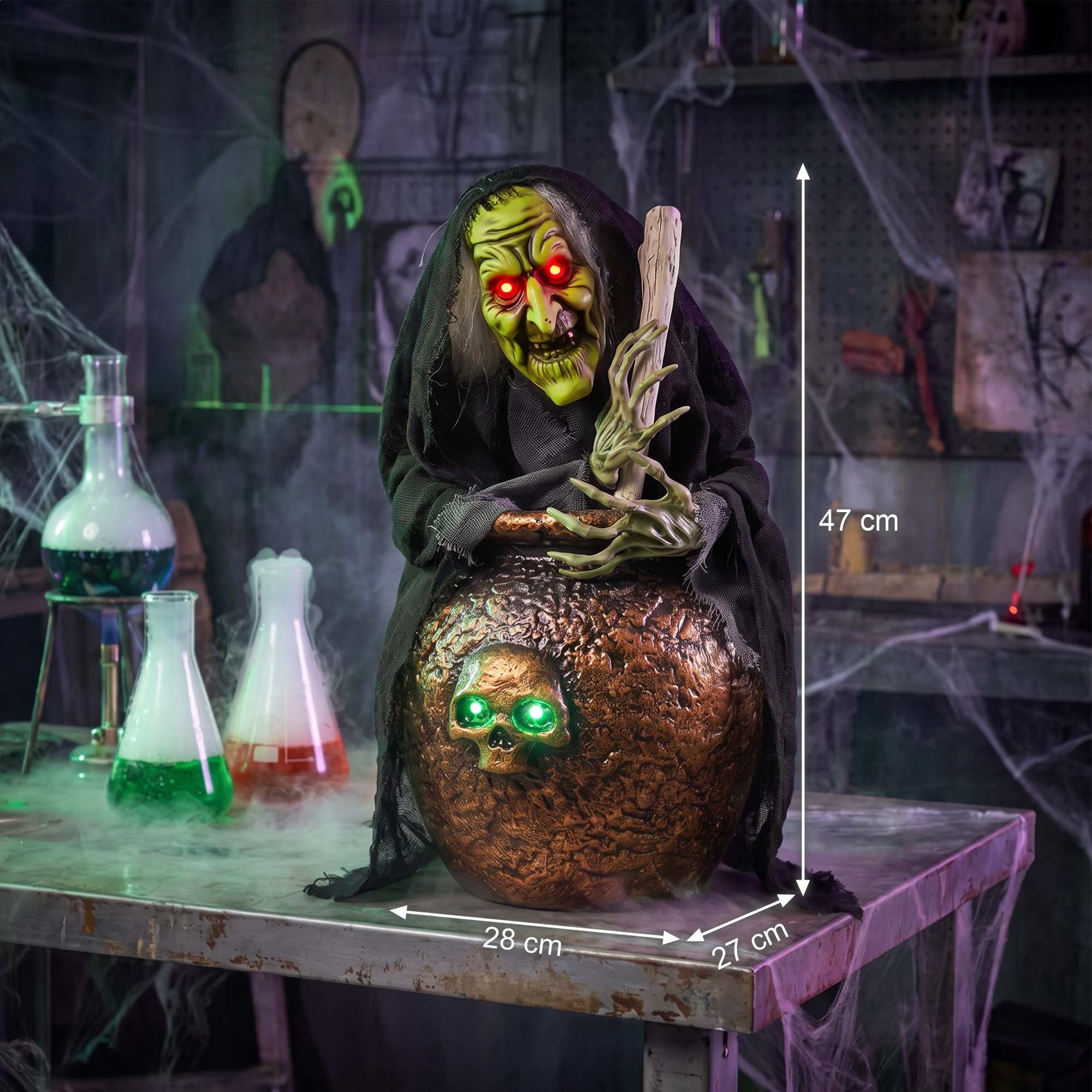 Animoitu halloween-pöytänoita nauravalla äänellä, hehkuvilla silmillä ja ääni-/kosketusaktivoinnilla