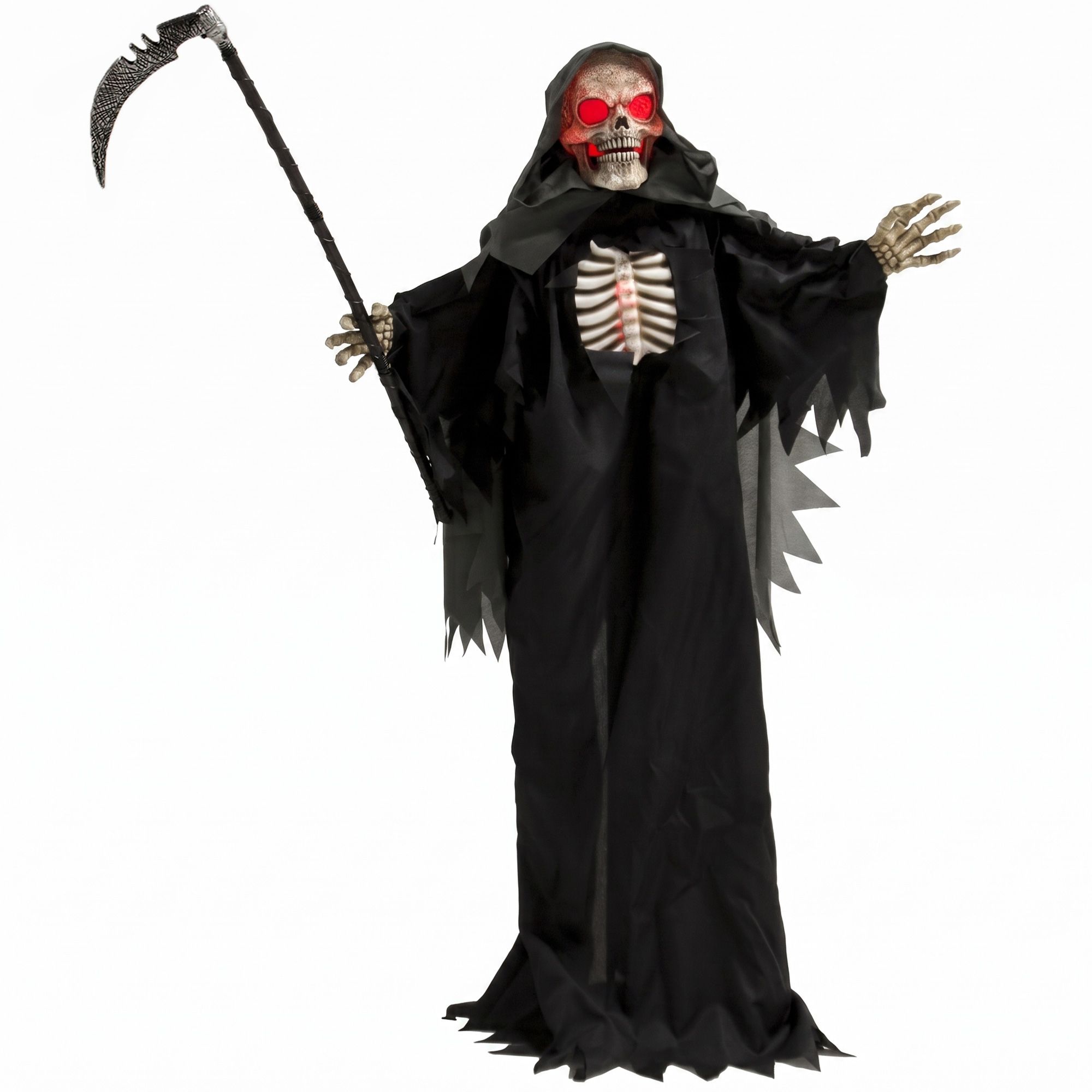 170 cm Halloween-animoitu viikatemieskoriste ääni- ja kosketusaktivoinnilla, hohtavilla silmillä ja rinnalla