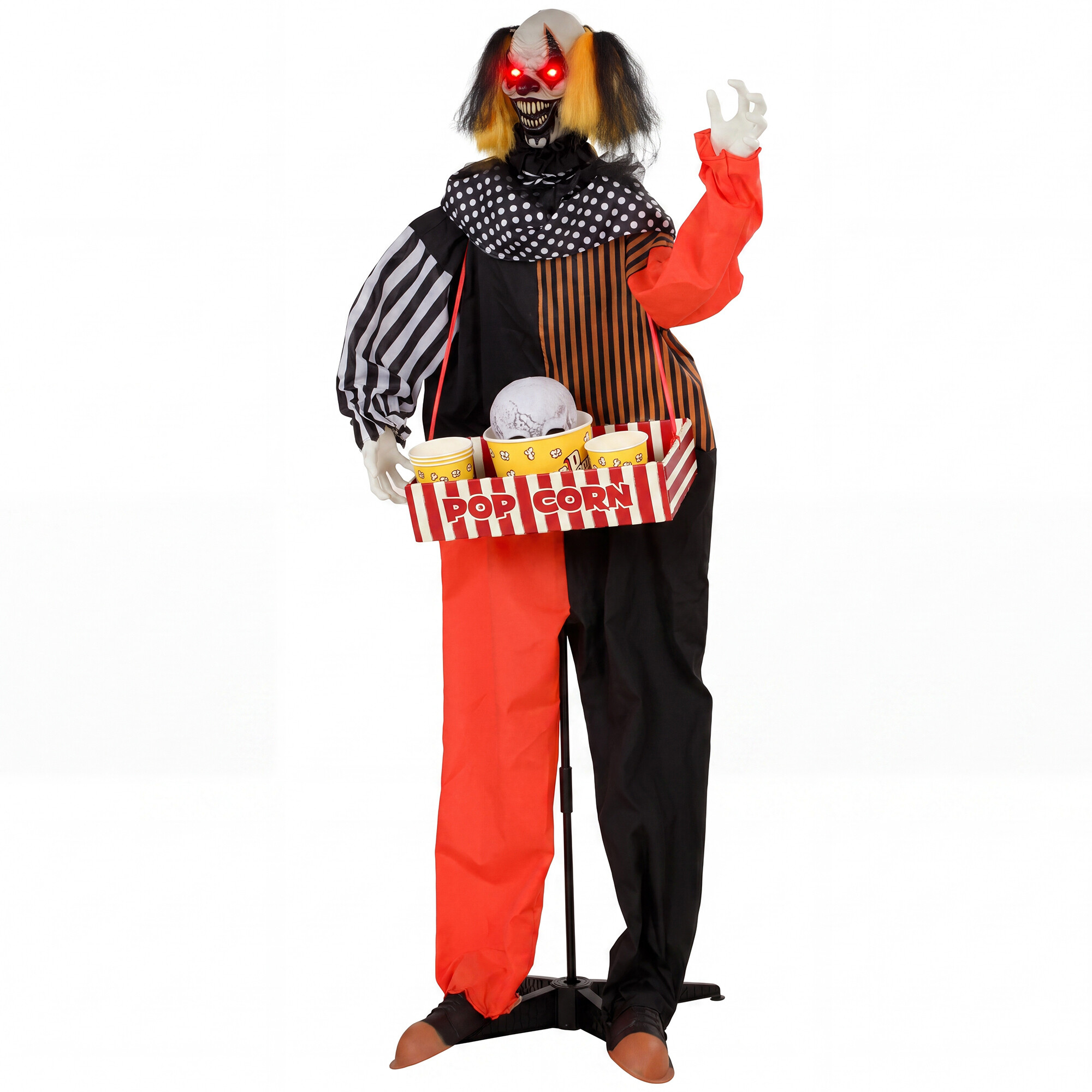 Animoitu halloween-popcorn-pelle, jolla on pomppiva pää, aavemaiset äänitehosteet, tivolimusiikki ja hehkuvat silmät