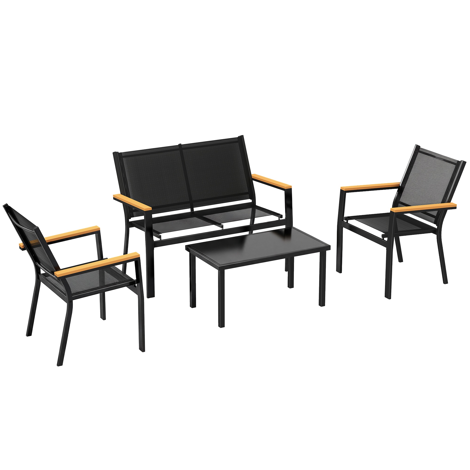 Metallinen puutarhakalustesetti, istuinryhmä neljälle hengelle, puutarhaoleskelutila kahden istuttavalla sohvalla, tuolilla ja sivupöydällä, 110x63,5x84 cm, musta