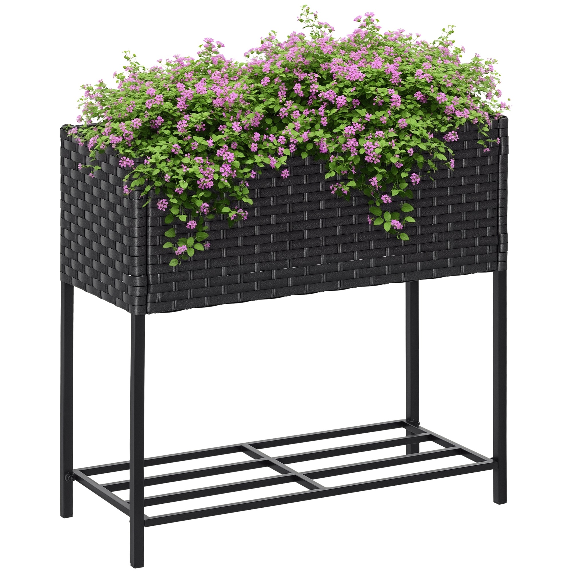 Korotettu kukkalaatikko, syvä hylly, metallirunko/polyrottinki, 70 x 30 x 70 cm, tummanruskea