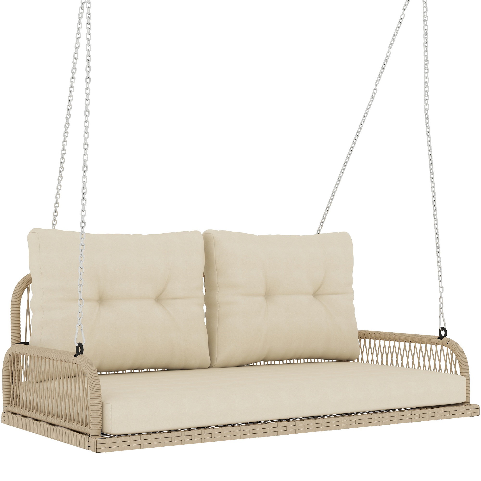 Hollywood-keinu, 2-paikkainen, rottinkipuutarhakeinu tyynyillä ja ketjuilla, jopa 240 kg, 115 x 66 x 44 cm, beige