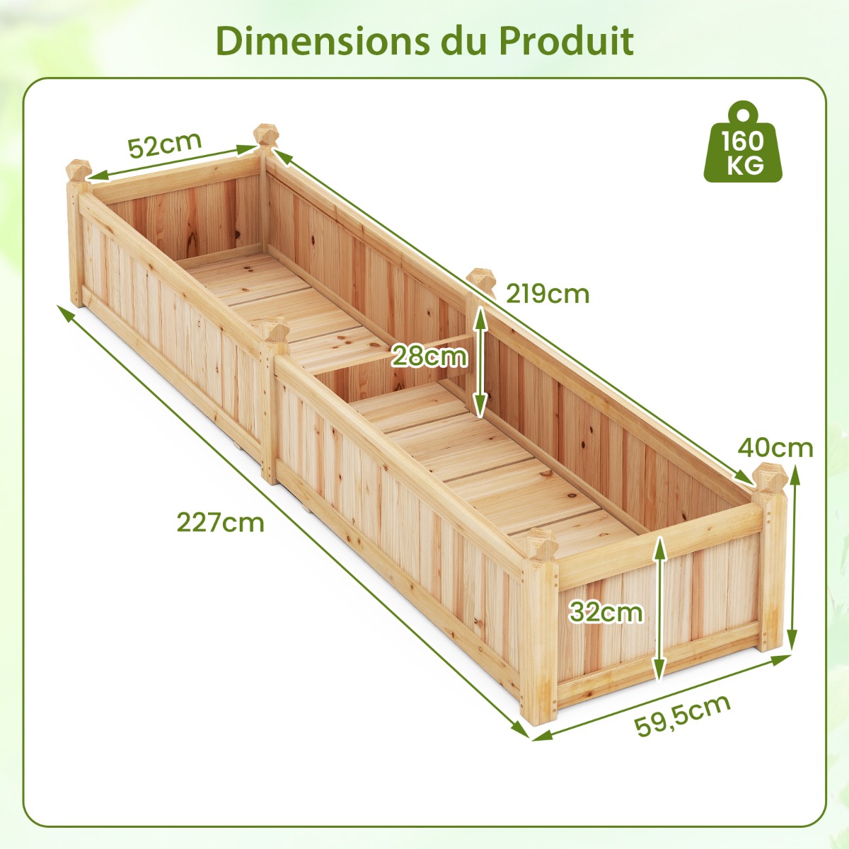 231 cm x 61 cm x 40,6 cm jaettava istutuslaatikko kulmatarvikkeella ja kuitukankaalla vihannesten kasvattamiseen - luonnonmukainen