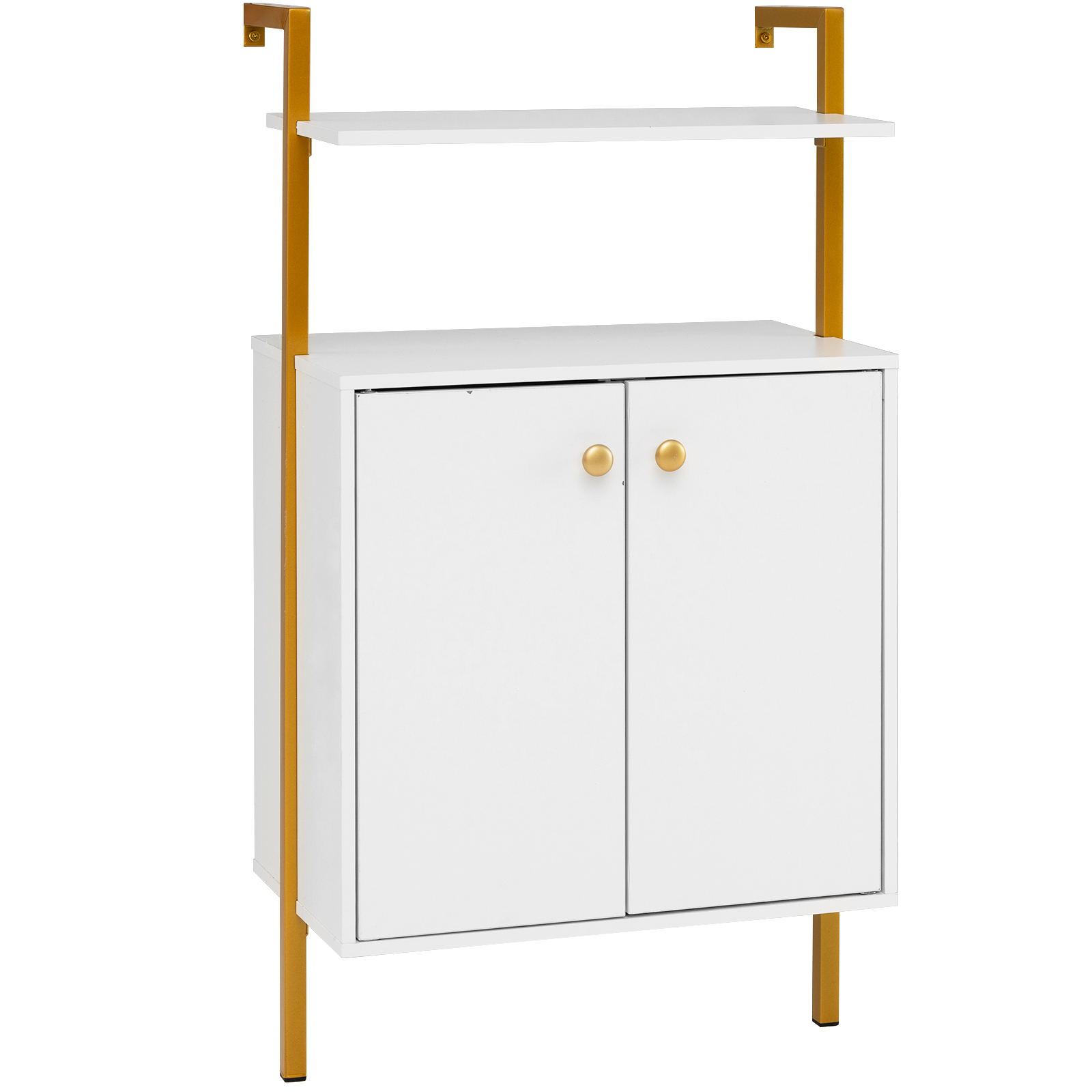 Neljatasandiline seinakapp kahe ukse kahe avatud riiuli magnetkinnituste ja tugeva metallraamiga valge