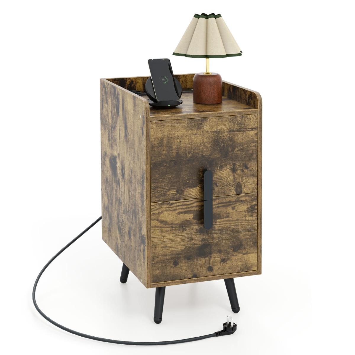 Yöpöytä latausasemalla, kapea yöpöytä kahdella laatikolla ja USB-porteilla, 40 x 32 x 60 cm, maalaismainen ruskea