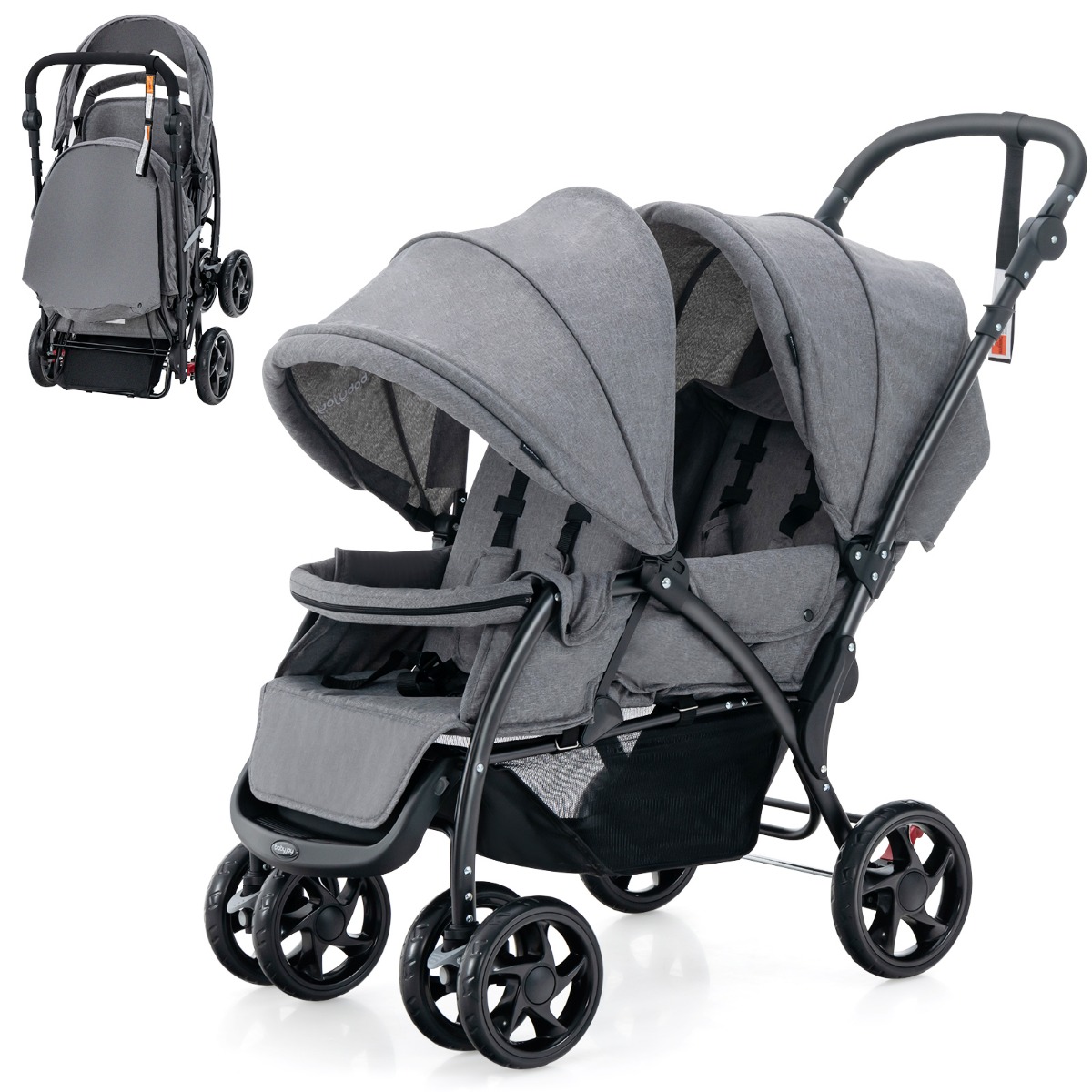 Taitettavat kahdenistuttavat rattaat ja kaksoisrattaat (twin buggy), harmaa