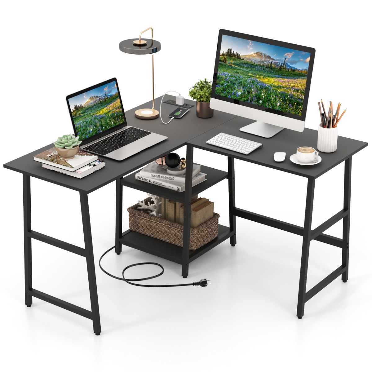 L-muotoinen kulmapöytä pistorasioilla ja USB-porteilla 120 x 120 x 75 cm musta