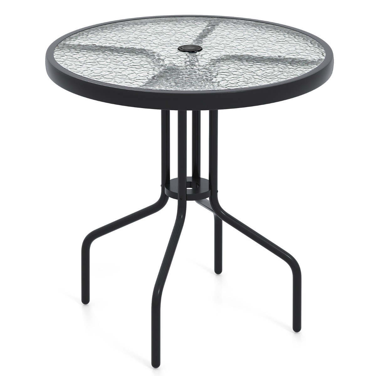 Päikesesirmiauguga ja karastatud klaasist plaadiga ruudukujuline aialaud ning tugev bistrootool (70 x 70 x 71 cm), must