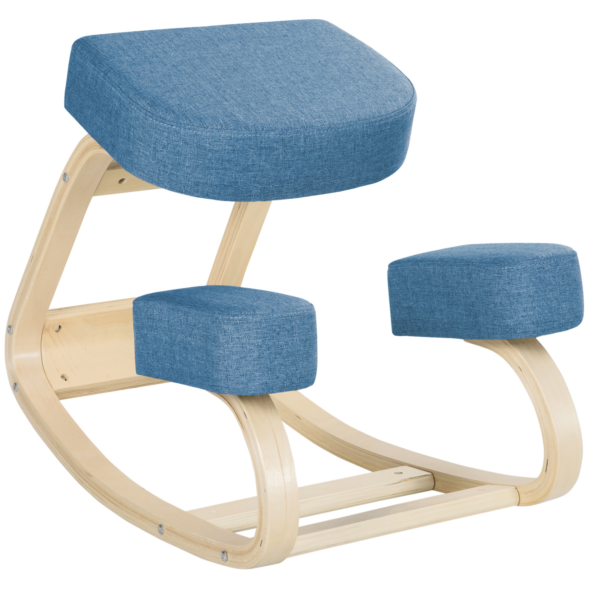 Polvistuin, ergonominen jakkara, verhoiltu jakkara terveelliseen ryhtiin, koivupuuta, 120 kg:n kantavuus, sininen