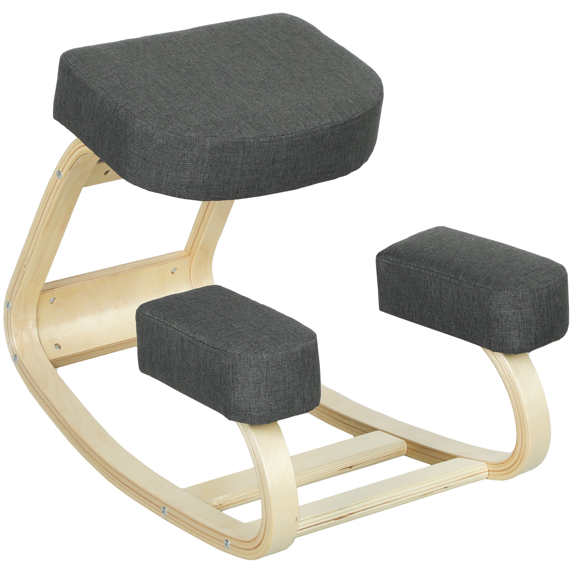 Polvistuin, ergonominen jakkara, verhoiltu jakkara terveelliseen ryhtiin, koivua, 120 kg:n kantavuus, tummanharmaa