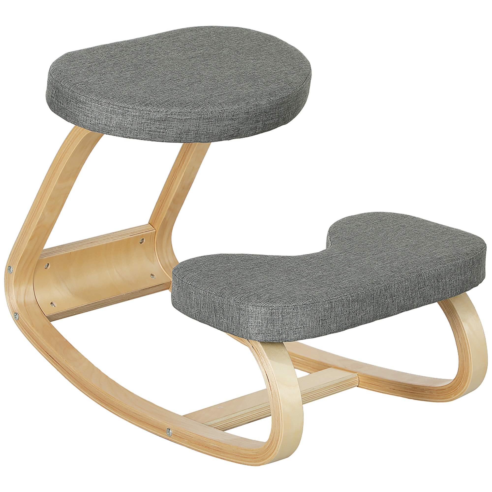 Polvistuin, ergonominen polvistujakkara pellavajäljitelmällä, koivupuujalusta niskakivun lievittämiseen