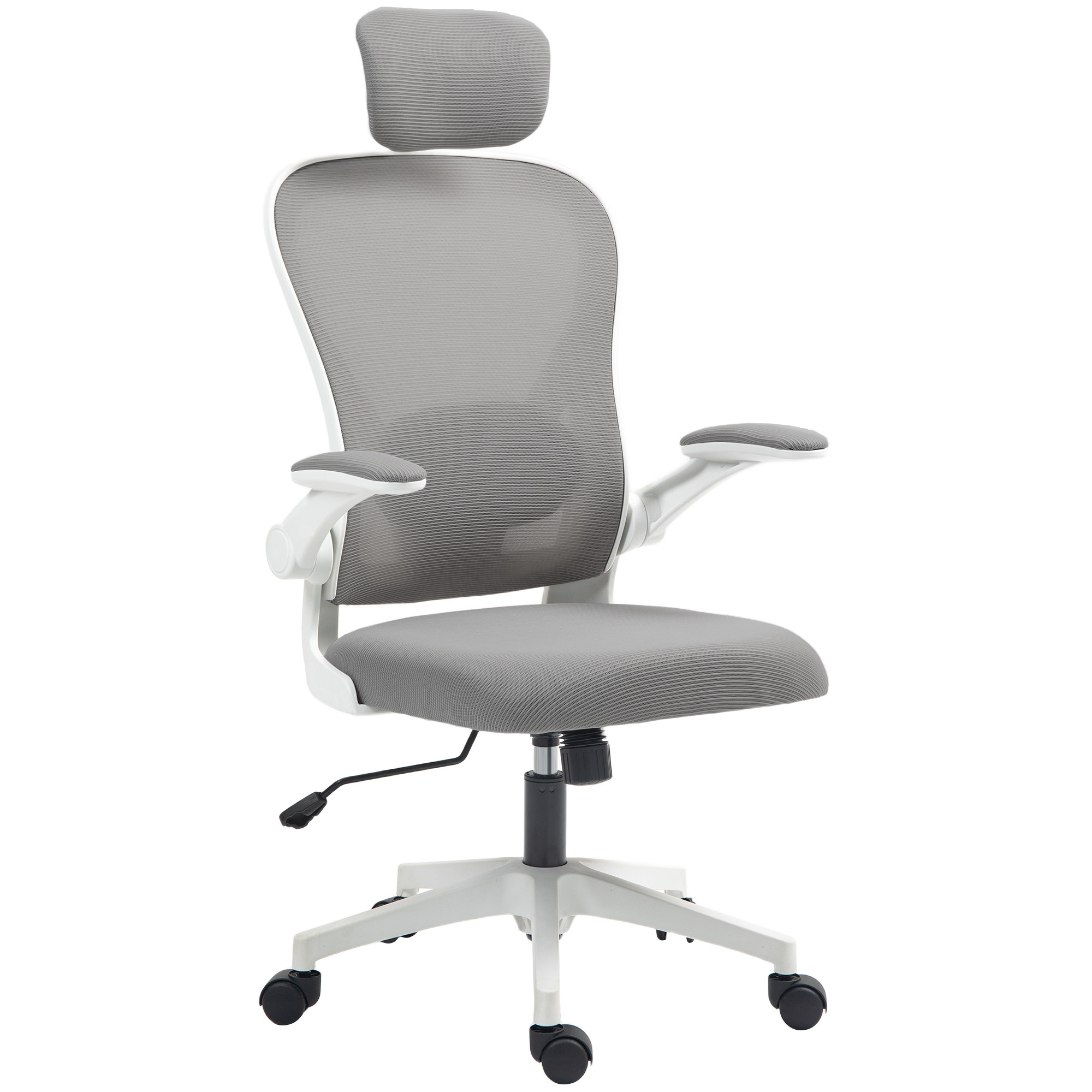 Ergonominen työtuoli, jossa ylöskäännettävät käsinojat ja säädettävä ristiselän tuki, harmaa