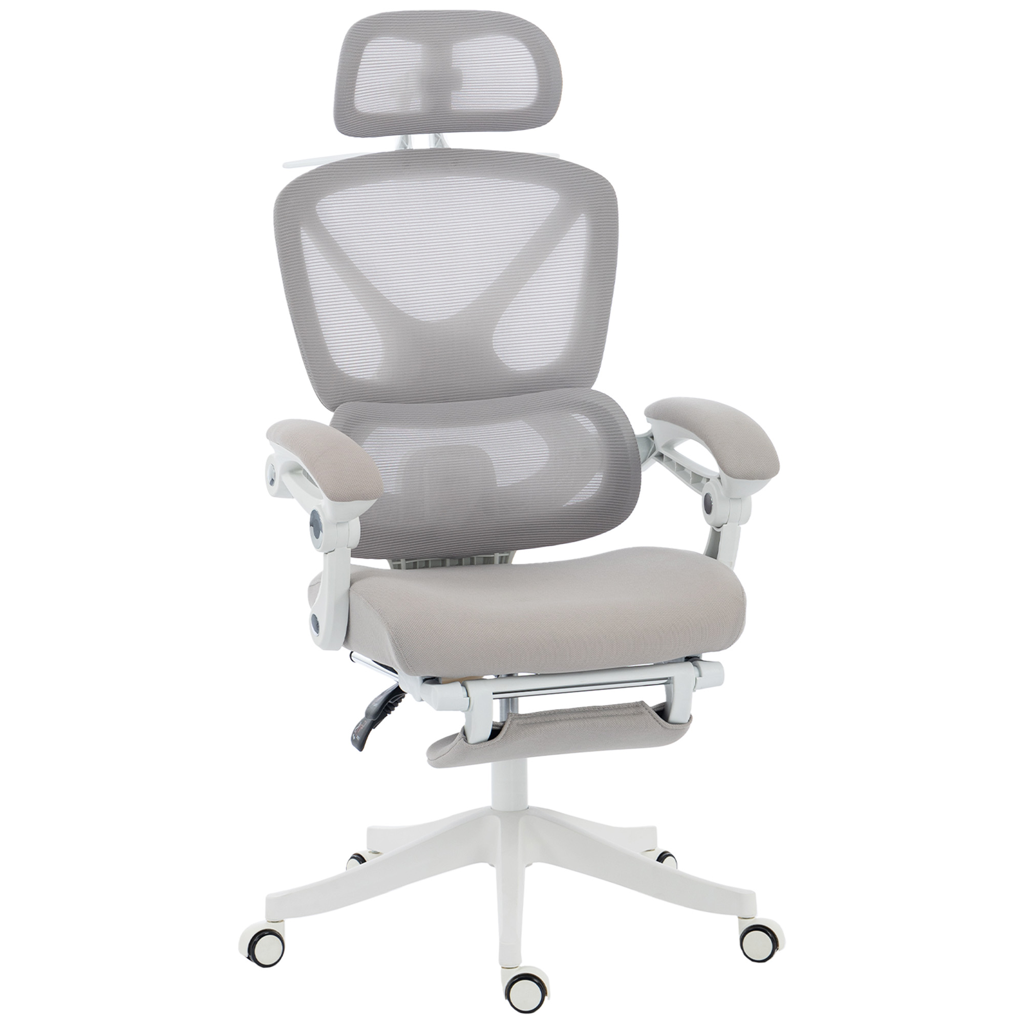 Toimistotuoli, ergonominen työtuoli jalkatuella, keinutoiminto, käsinojat, verkkokangas, harmaa