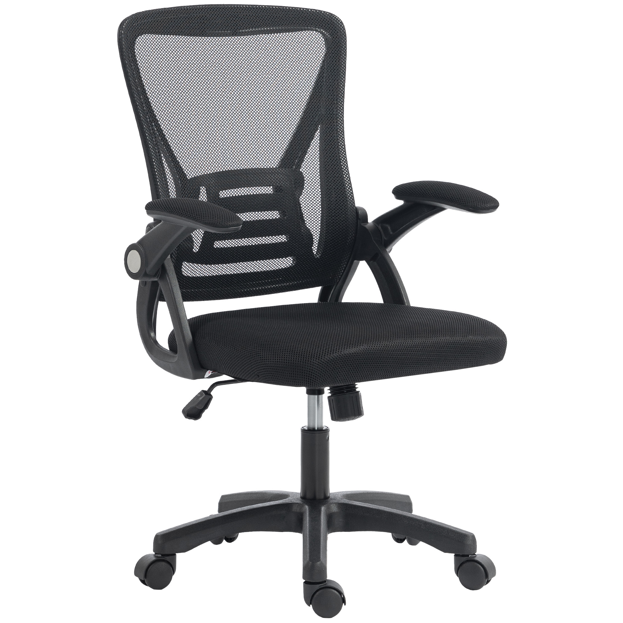 Ergonominen korkeussäädettävä työtuoli, jossa ylöskäännettävät käsinojat ja ristiselän tuki, musta
