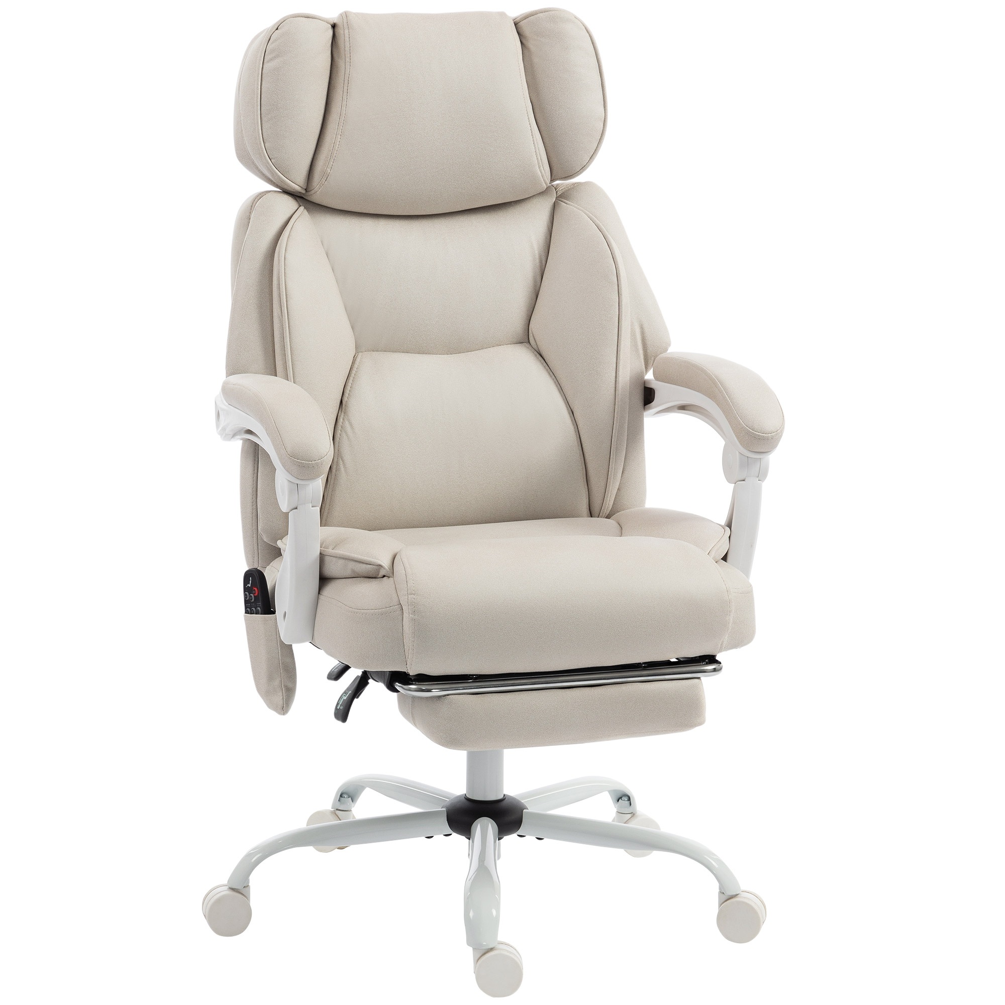 Korkeaselkäinen työtuoli tärinähieronnalla ja lämmityksellä, ergonominen, kallistettava, jalkatuella, kermanvalkoinen