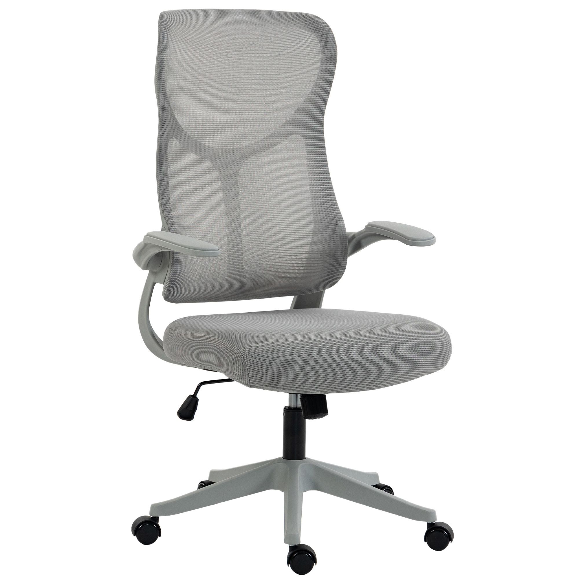 Ergonominen pyörivä verkkotoimistotuoli korkealla selkänojalla, taitettavilla käsinojilla ja keinutoiminnolla, harmaa