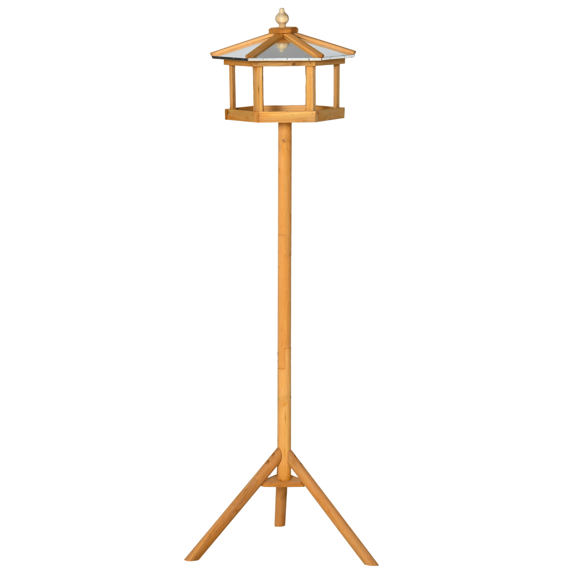 Linnunpönttö jalustalla, puinen lintujen ruokinta-automaatti tasolla, viisto metallikatto, Ø57,7 x 153K cm, luonnonpuu
